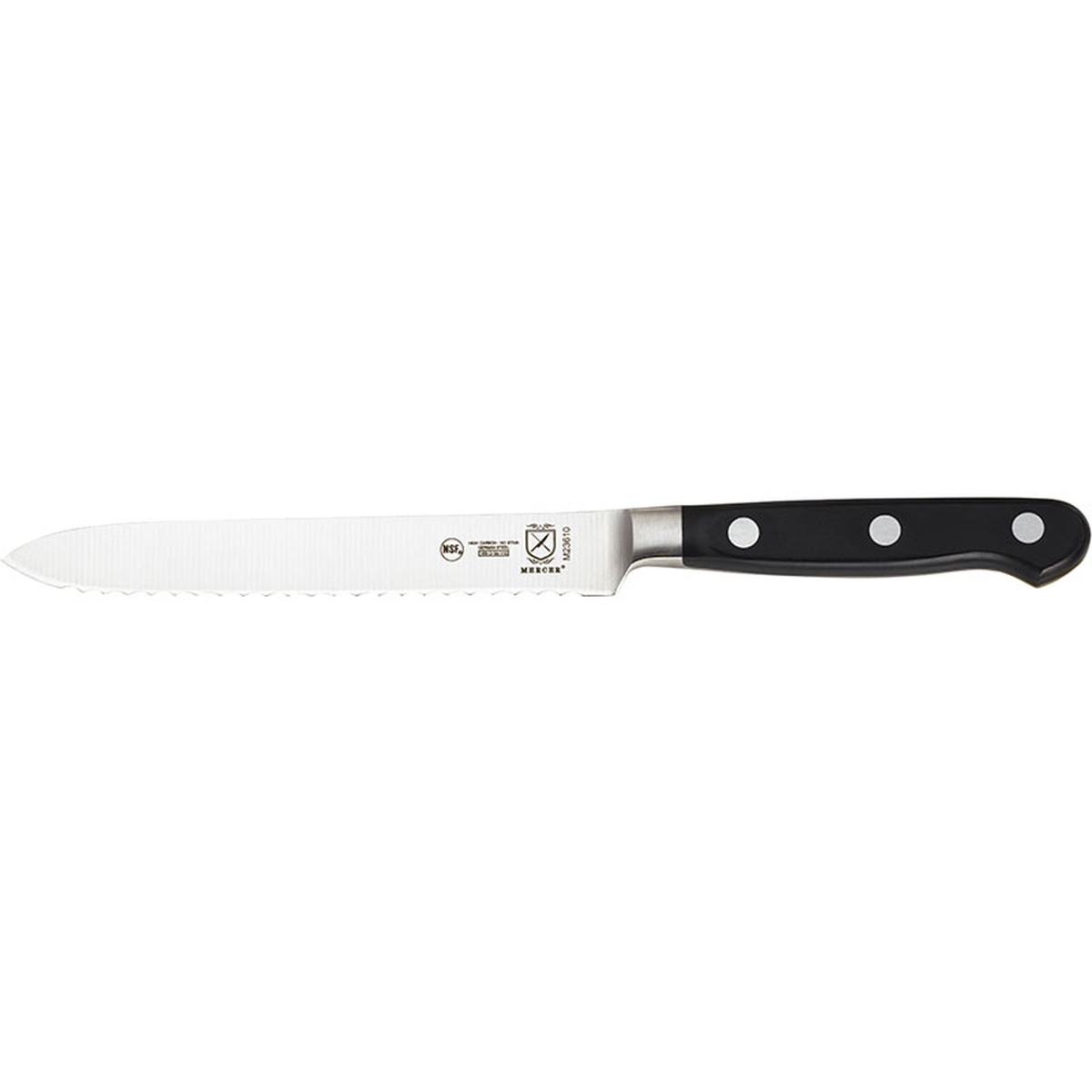 Mercer Culinary M23610 Renaissance 5-inch tomato knife side profile showing wavy serrated blade and triple-riveted black Delrin handle