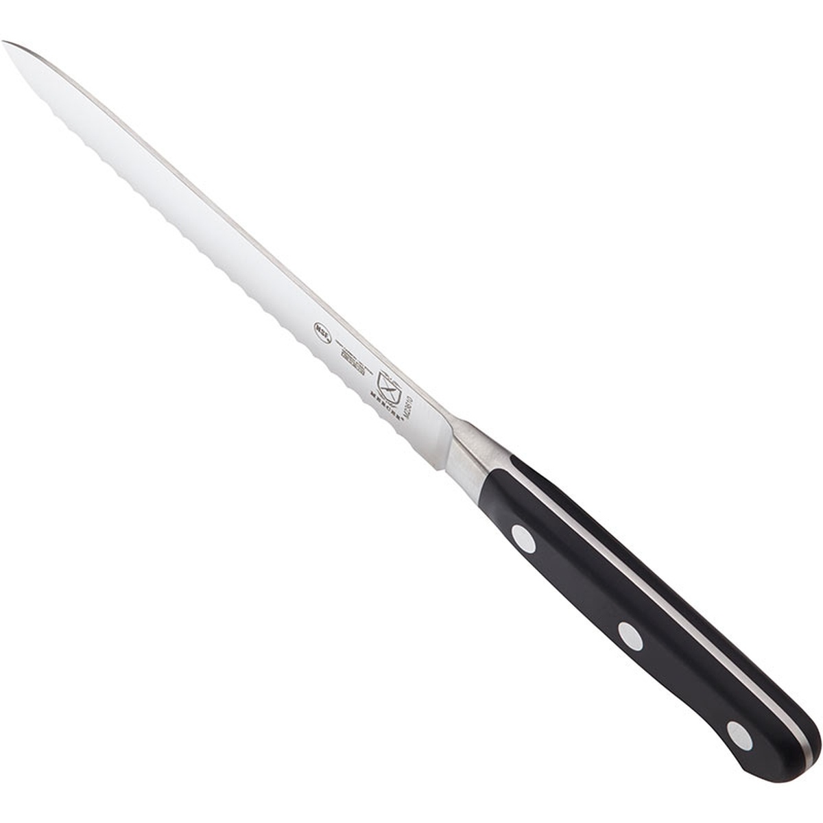 Mercer Culinary M23610 Renaissance tomato knife angled view highlighting full tang construction and ergonomic black Delrin handle with three rivets