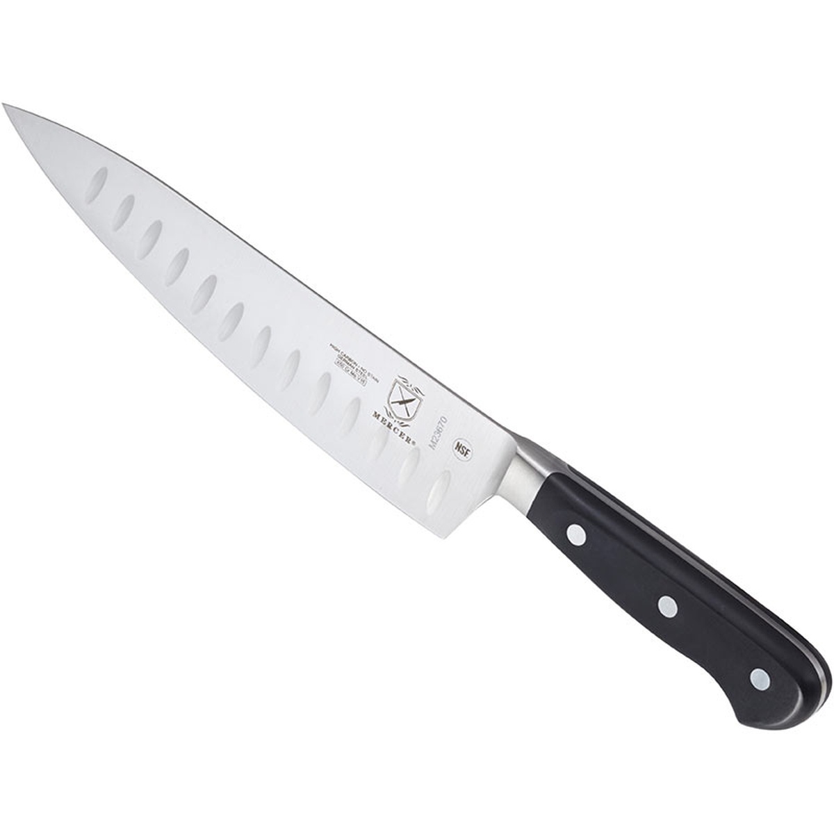 Angled view of Mercer Renaissance Chef Knife showing Granton edge and handle