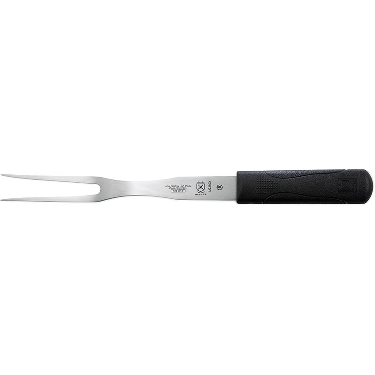 Mercer Culinary M23800 Millennia 8-inch cook's fork with black polypropylene handle and high-carbon steel tines