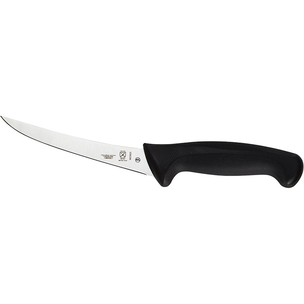 Side view of the Mercer Culinary Millennia 6 inch curved boning knife with black handle