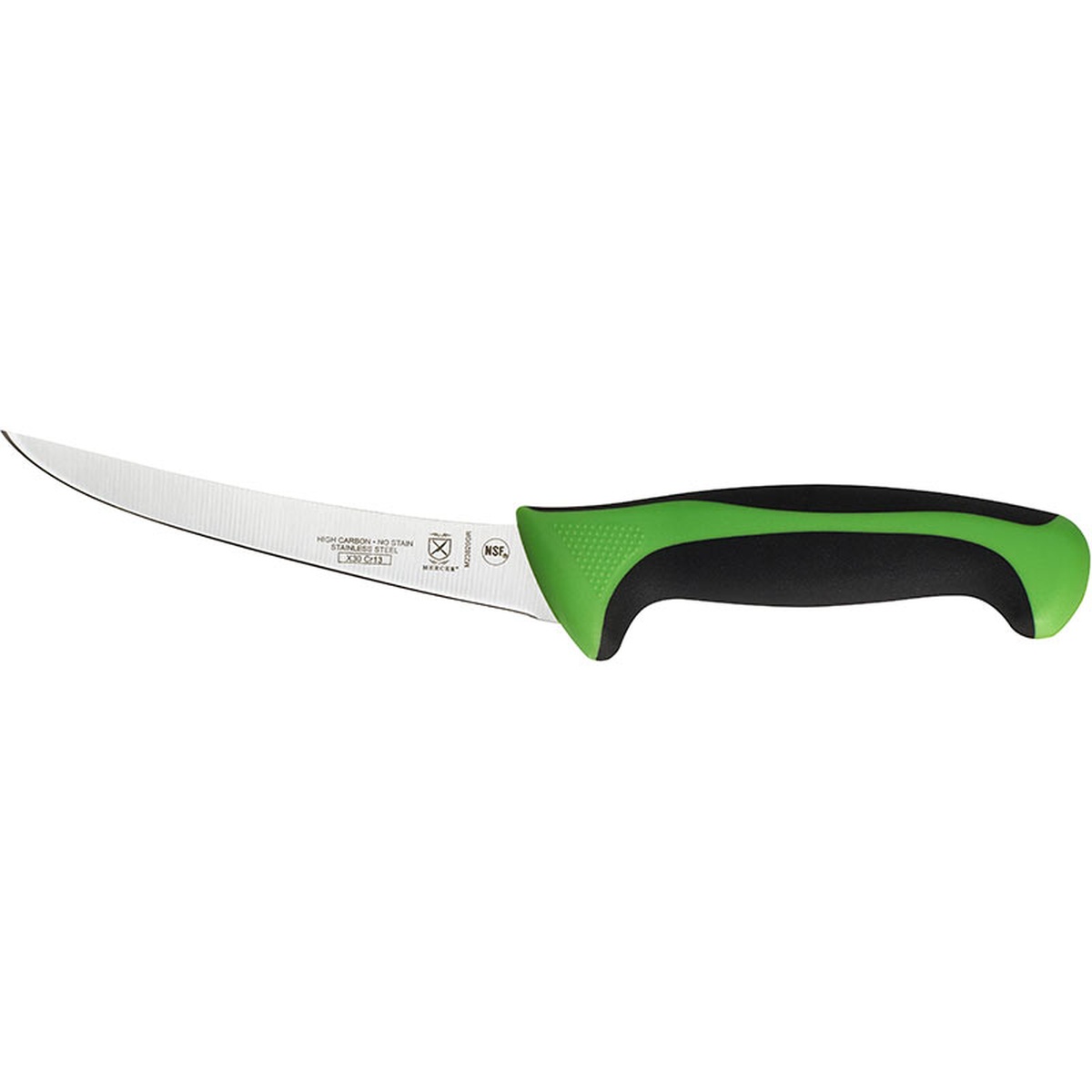 Mercer Culinary M23820GR Millennia 6-inch curved boning knife with green and black ergonomic handle, side profile view