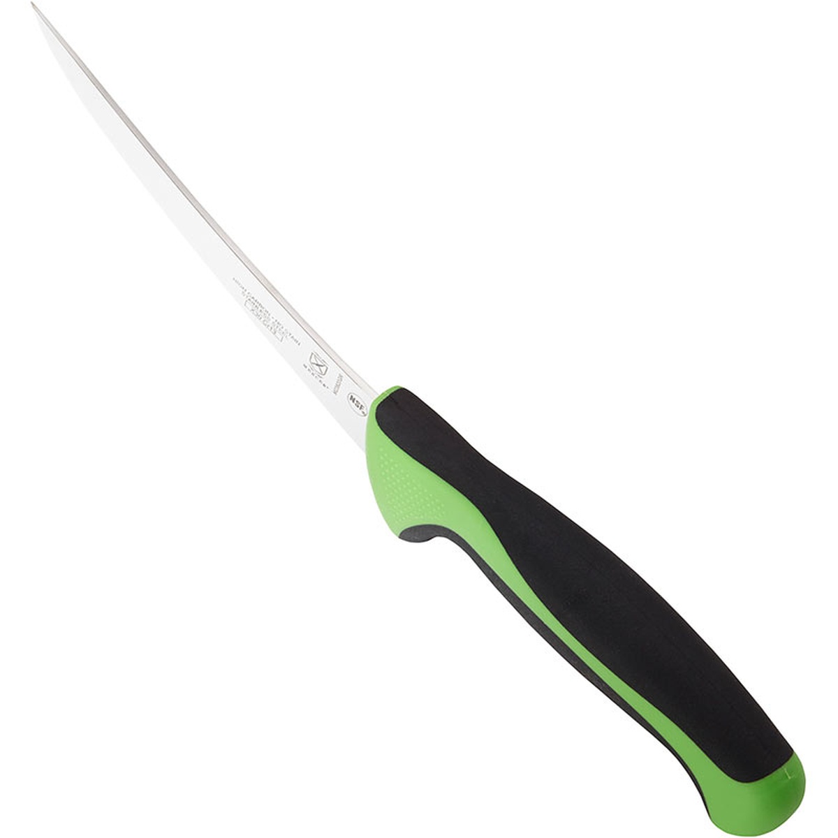 Mercer Culinary M23820GR boning knife angled view highlighting the green and black dual-material ergonomic handle and narrow blade
