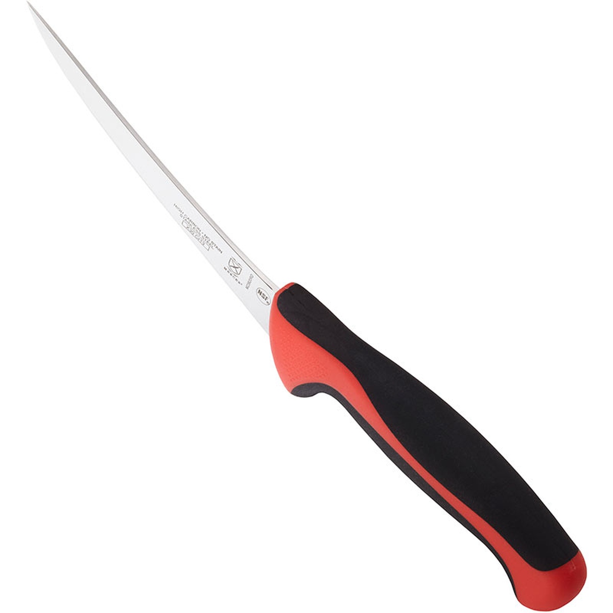 Mercer Culinary Millennia Colors boning knife side view highlighting the finger guard and textured handle grip