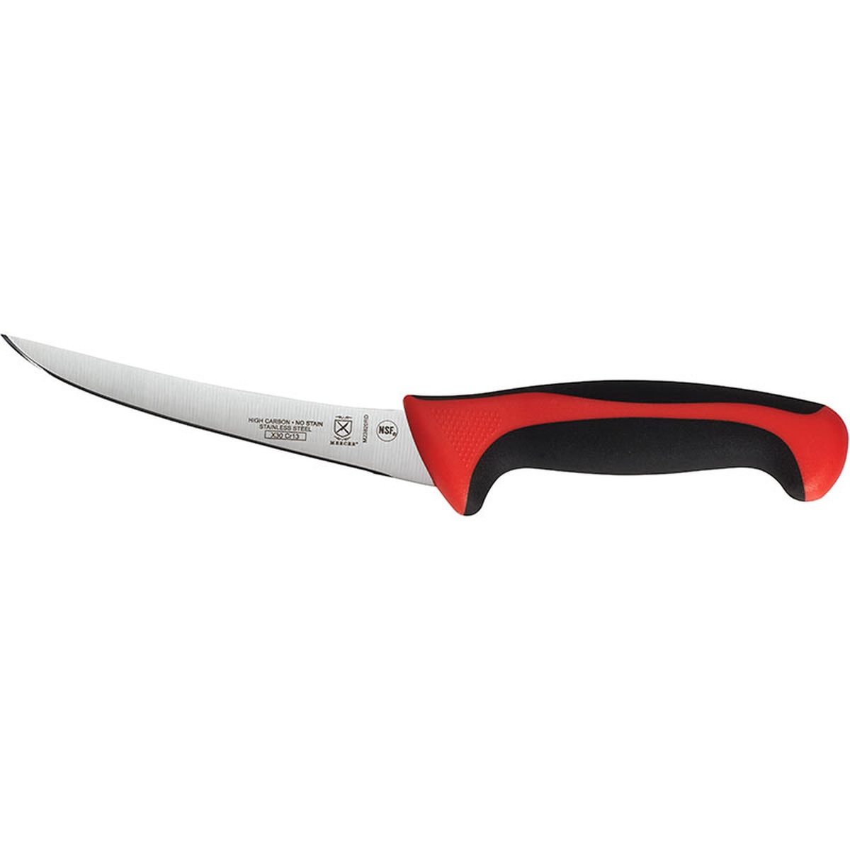 Mercer Culinary Millennia Colors curved boning knife showing the curved blade profile and ergonomic two-tone handle