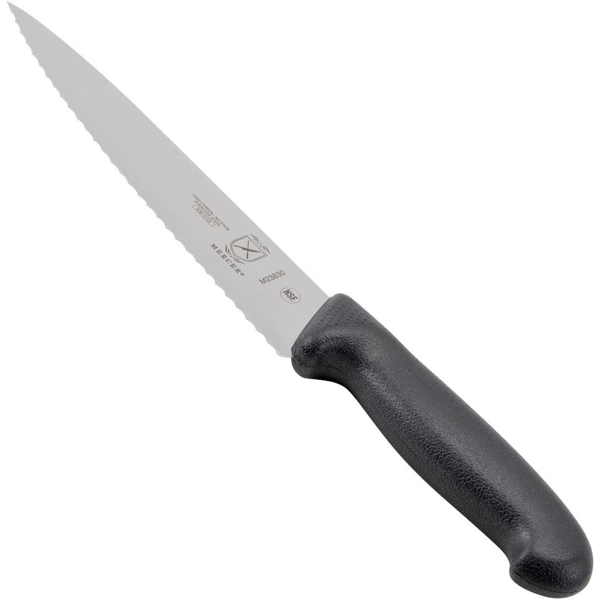 Mercer Culinary M23830 Millennia 7.5-inch wavy edge chef knife with black Santoprene handle on white background