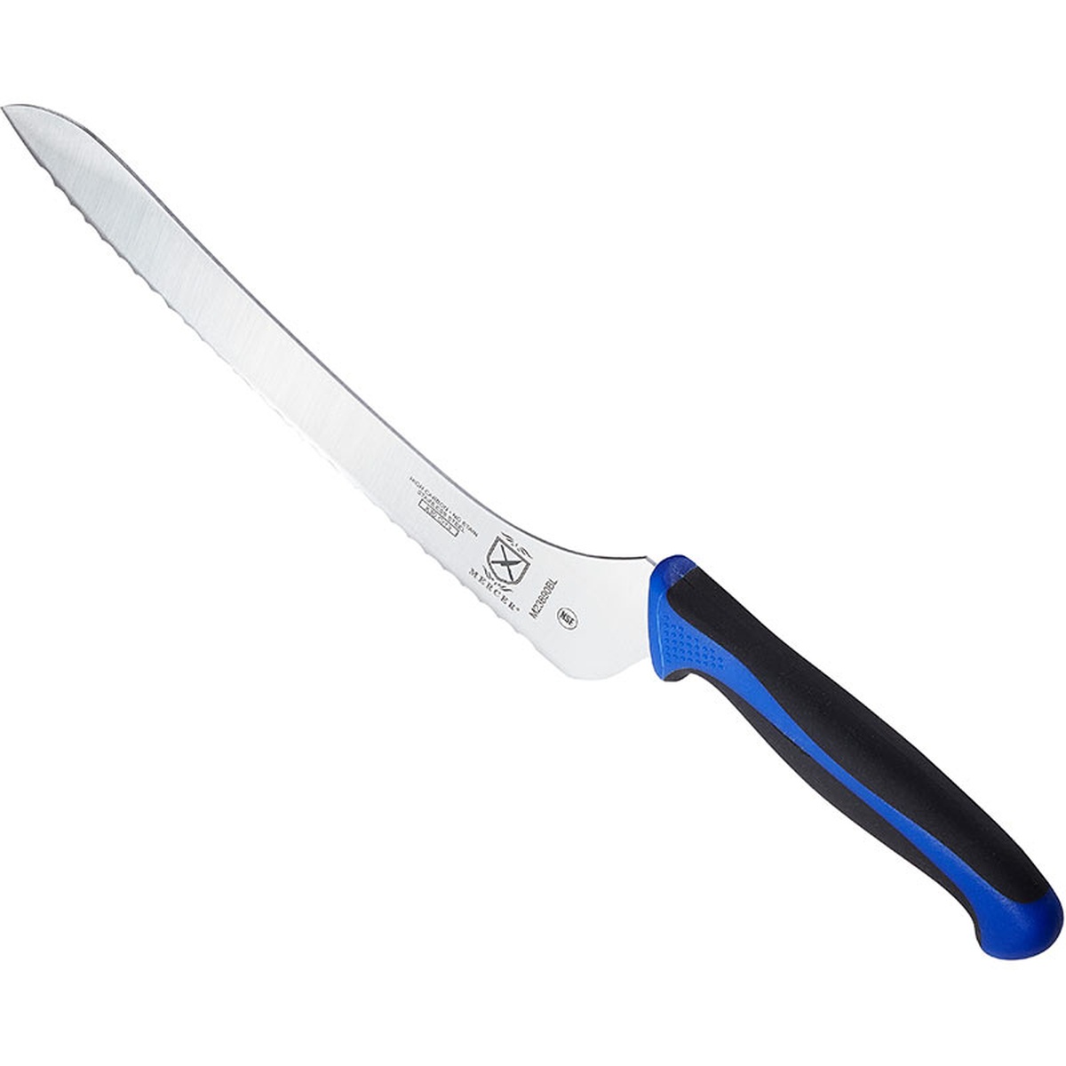 Mercer Culinary M23890BL bread knife angled view highlighting wavy serrated blade edge and blue-accented handle