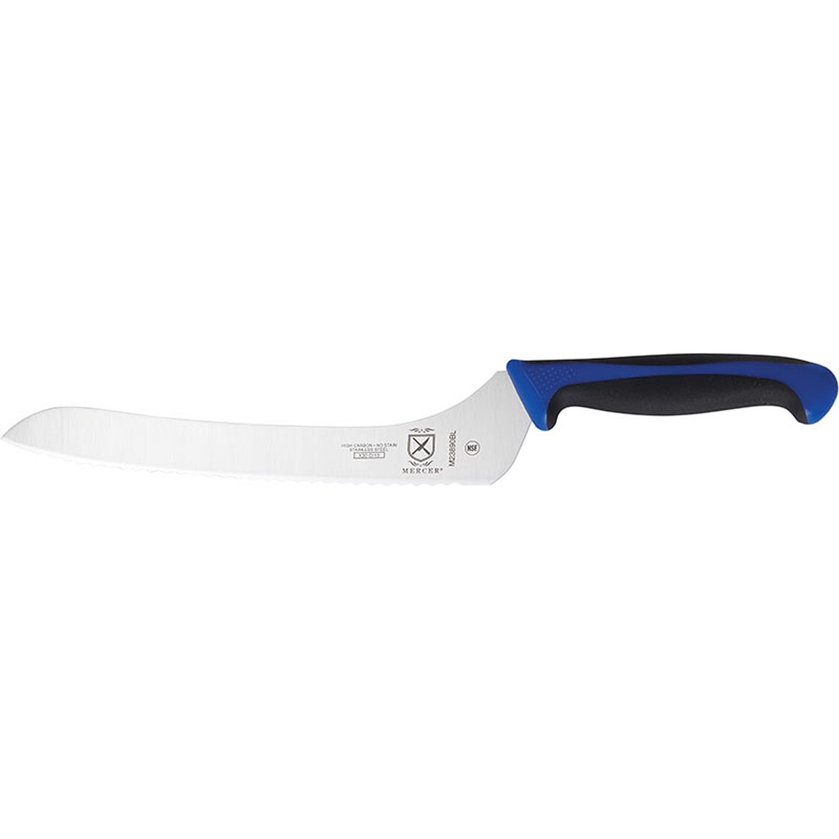 Mercer Culinary M23890BL 9-inch offset bread knife with blue ergonomic handle, side profile view
