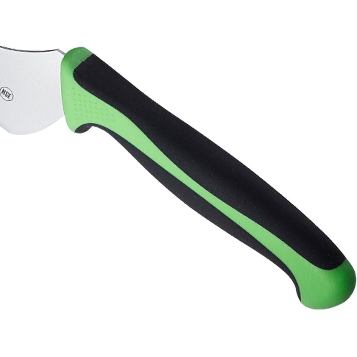 Close-up of the green and black Santoprene ergonomic handle with finger guard on the Mercer Culinary bread knife