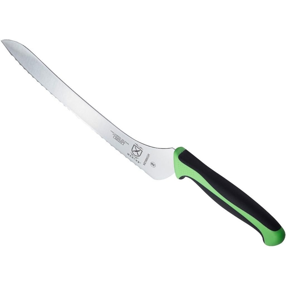 Mercer Culinary M23890GR 9-inch offset wavy edge bread knife with green and black ergonomic handle