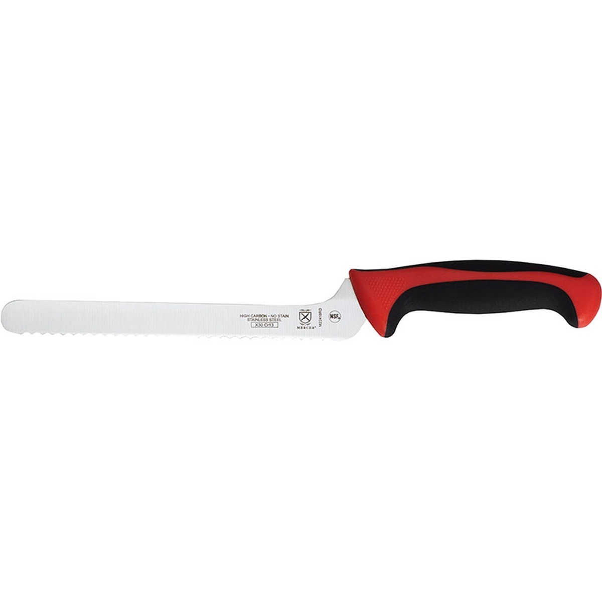 Mercer Culinary M23890RD 9-inch offset bread knife with red and black handle, side profile view showing wavy serrated edge