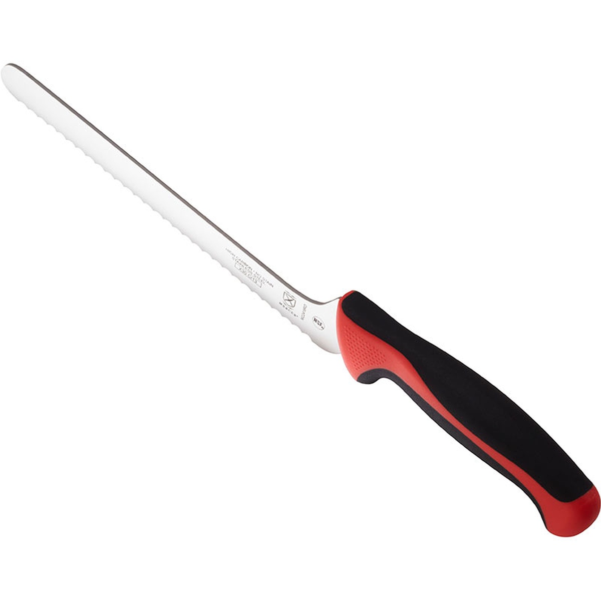 Mercer Culinary M23890RD offset bread knife angled view highlighting the red and black ergonomic handle and offset blade heel