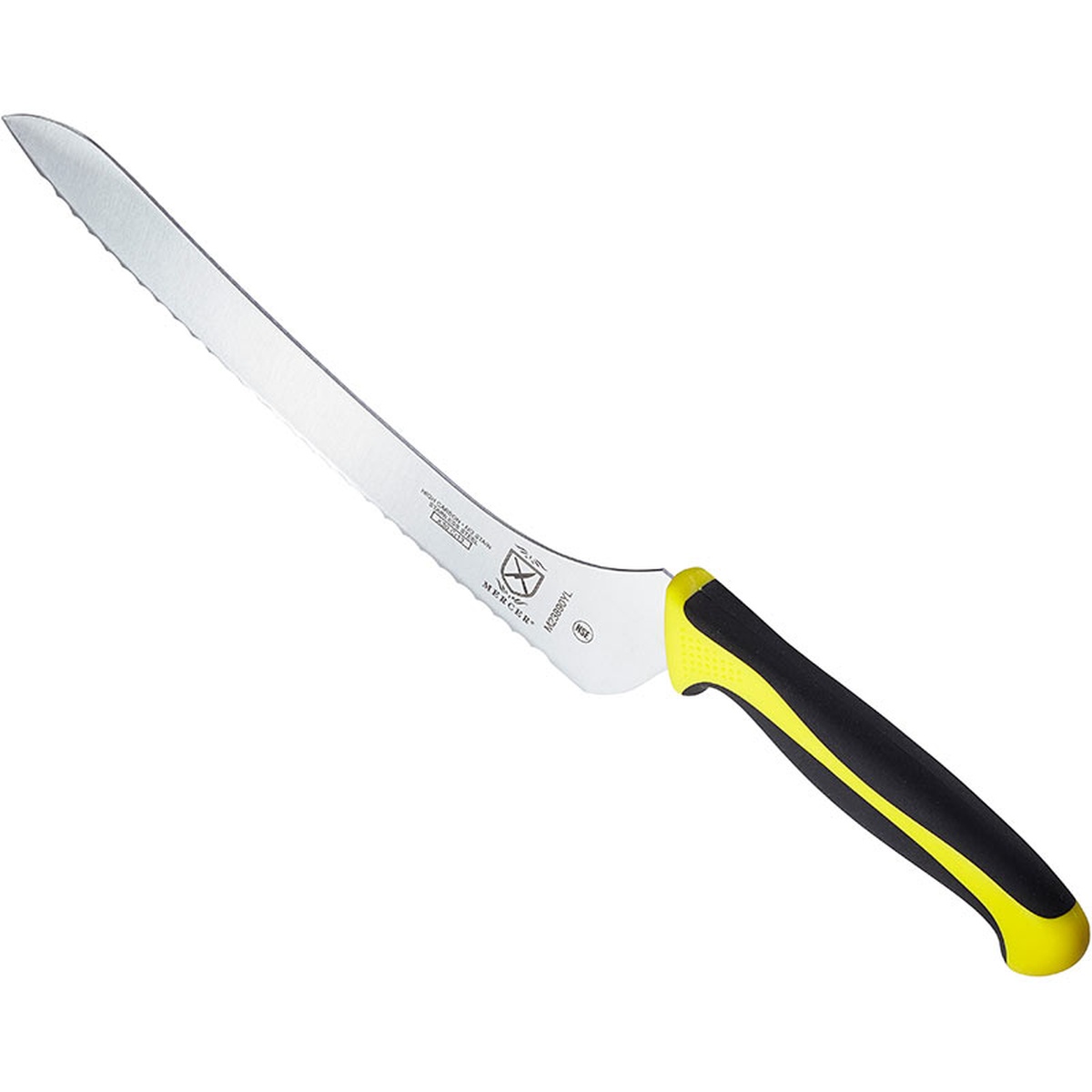 Angled view of Mercer Millennia offset bread knife showing textured yellow handle