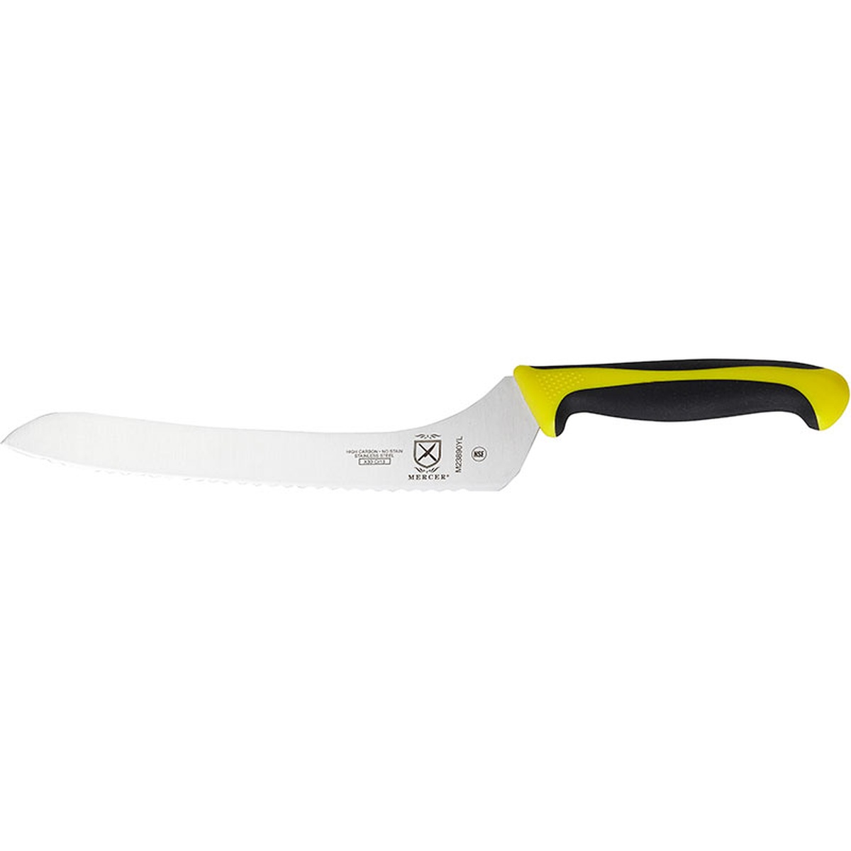 Mercer Culinary Millennia 9 inch offset bread knife with yellow handle side view