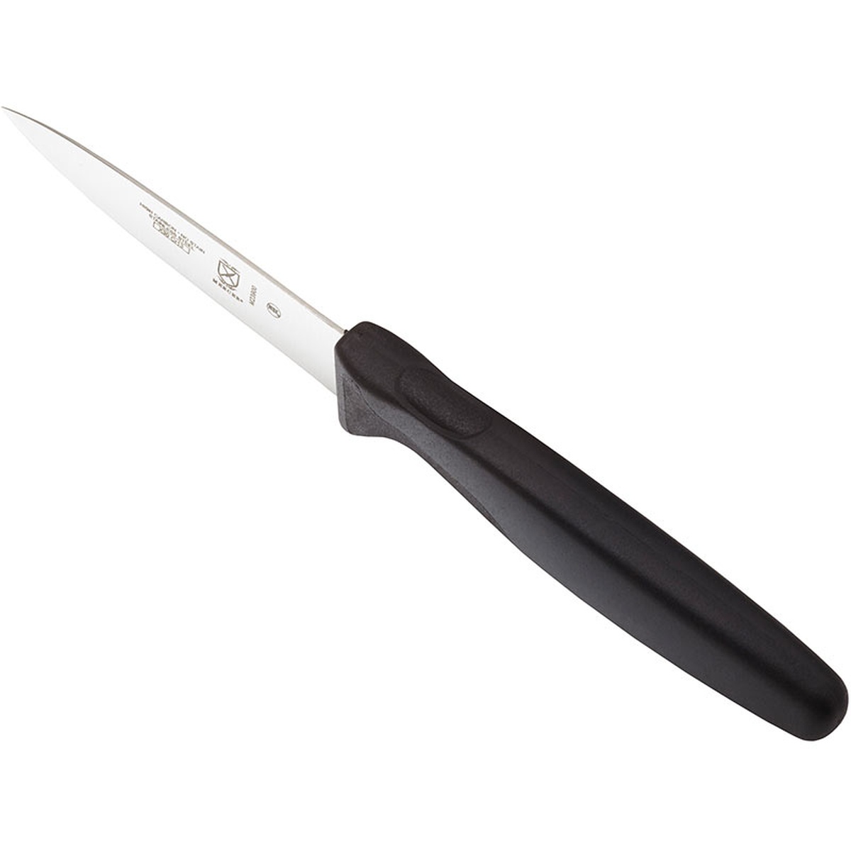Mercer Culinary M23900P Millennia slim paring knife angled view showing blade and black handle