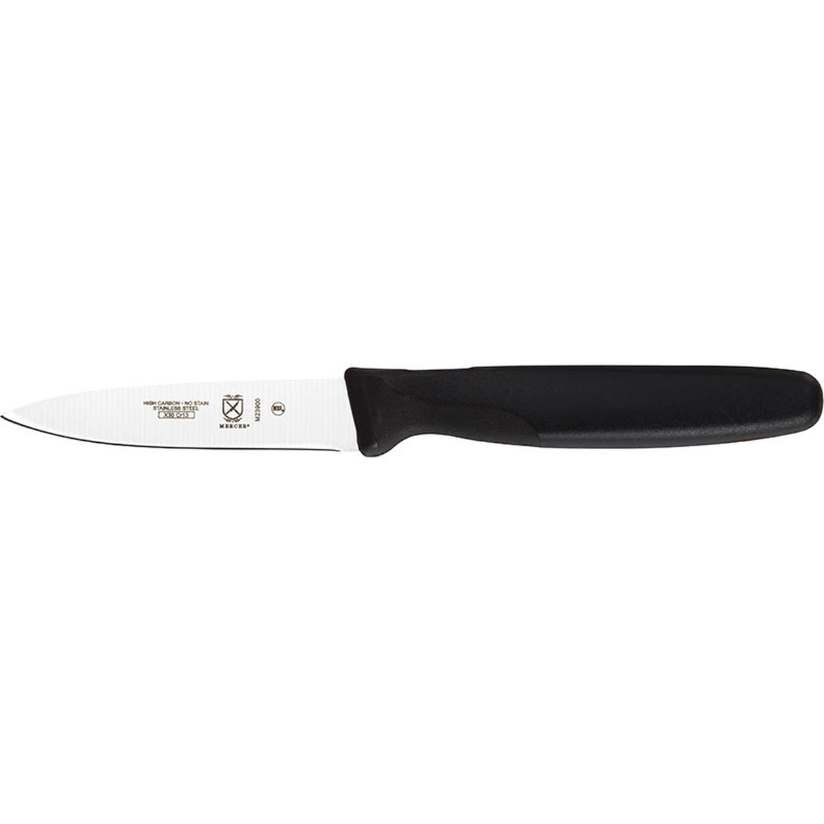 Mercer Culinary M23900P Millennia 3-inch slim paring knife with black handle, side profile view