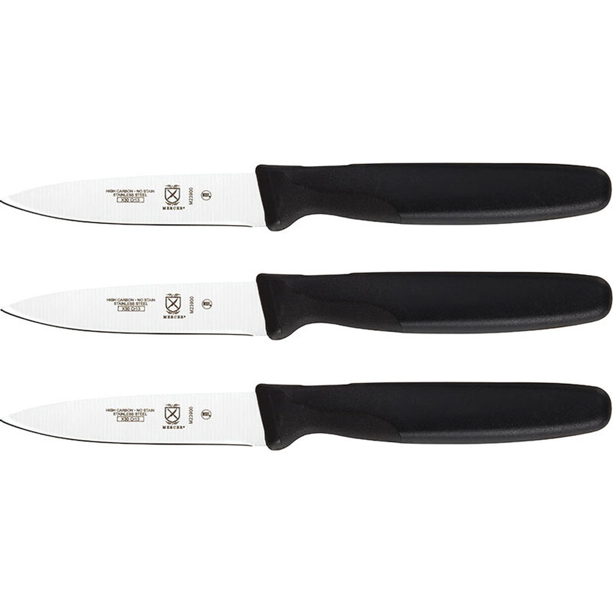 Three Mercer Culinary Millennia slim paring knives with black handles
