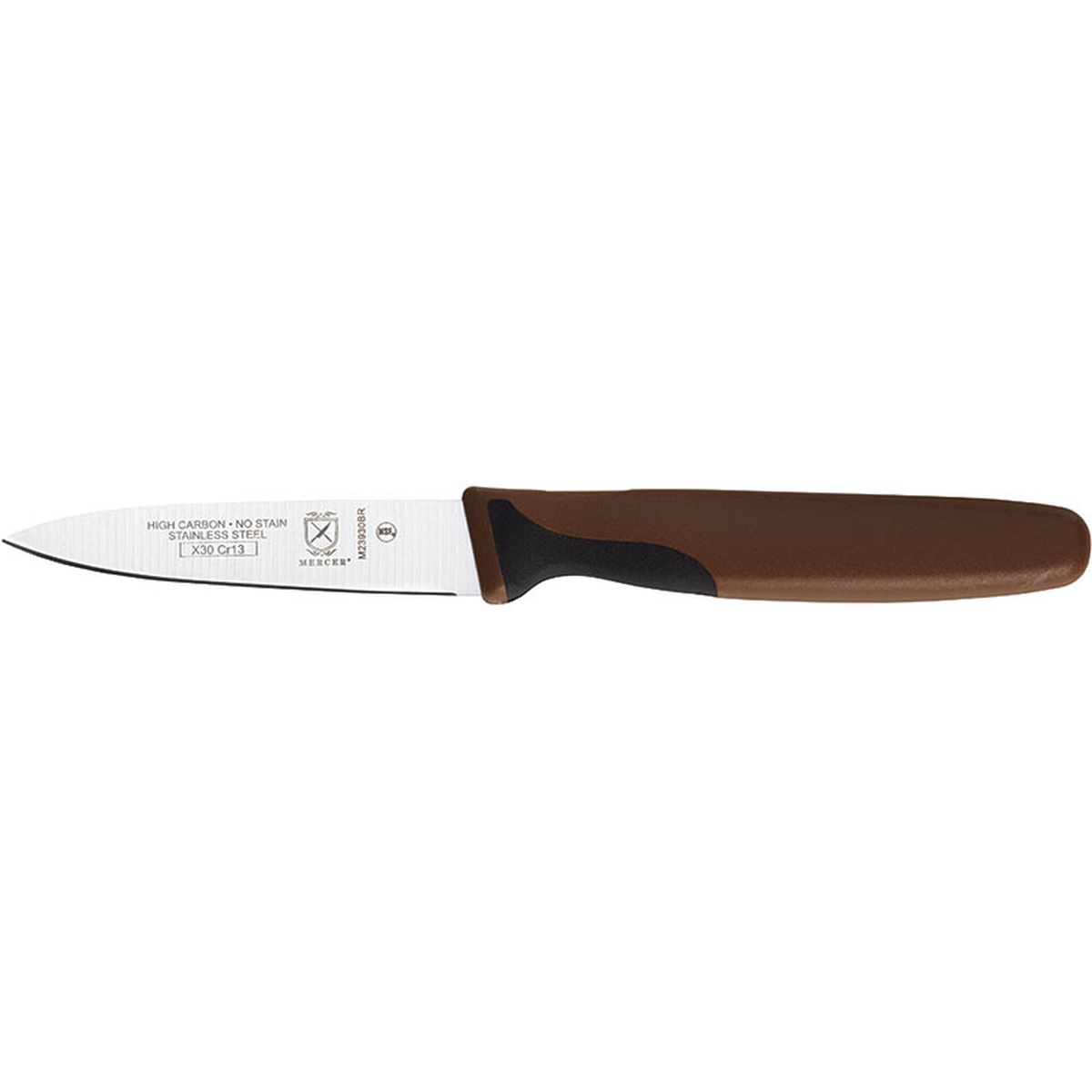 Mercer Culinary Millennia 3-inch slim paring knife with brown handle, side profile view showing high-carbon stainless steel blade