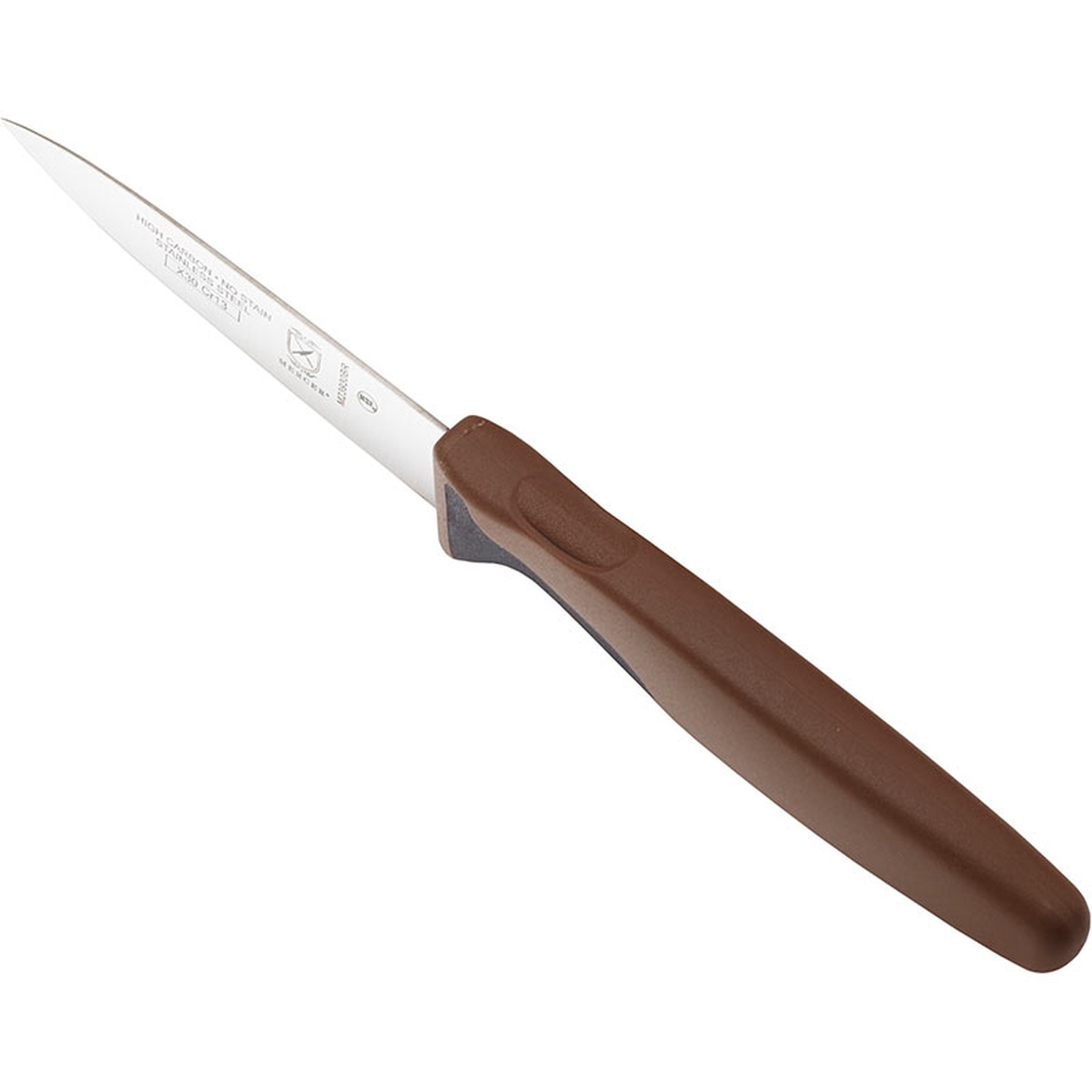 Mercer Culinary Millennia paring knife with brown ergonomic handle, angled view highlighting handle texture and finger guard