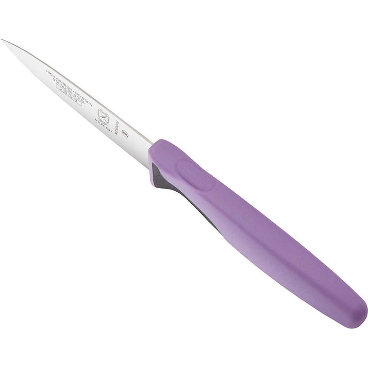 Mercer Culinary M23930PU slim paring knife angled view showing purple Santoprene handle and tapered blade tip