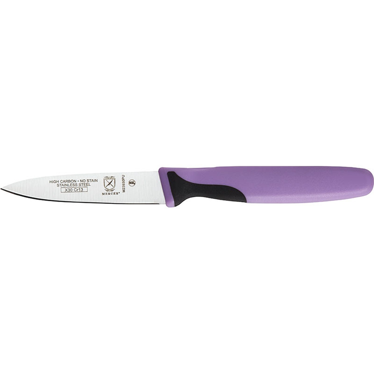 Mercer Culinary Millennia 3-inch slim paring knife with purple ergonomic handle and silver stainless steel blade, side profile view