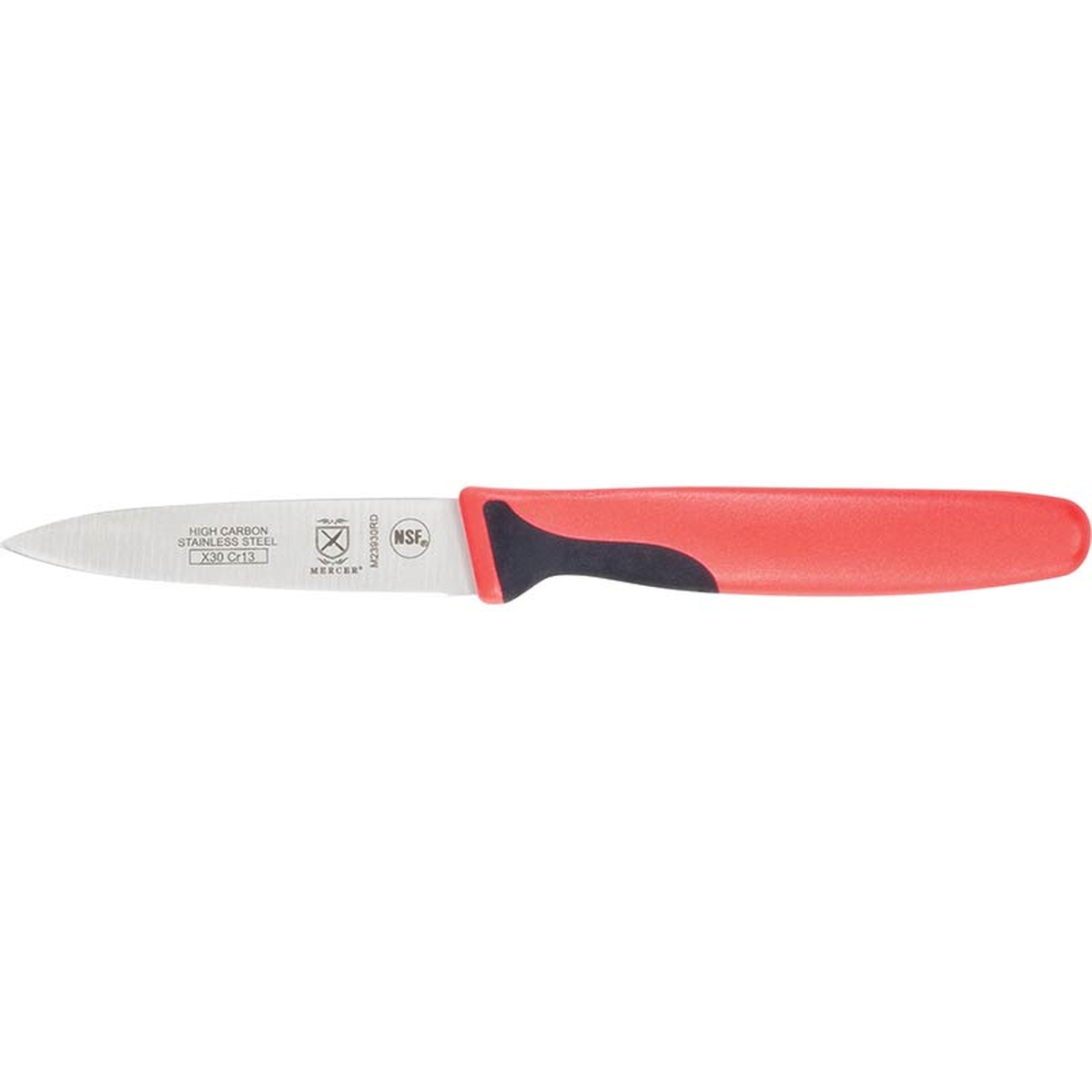 Mercer Culinary Millennia 3 inch Slim Paring Knife with Red Handle side view