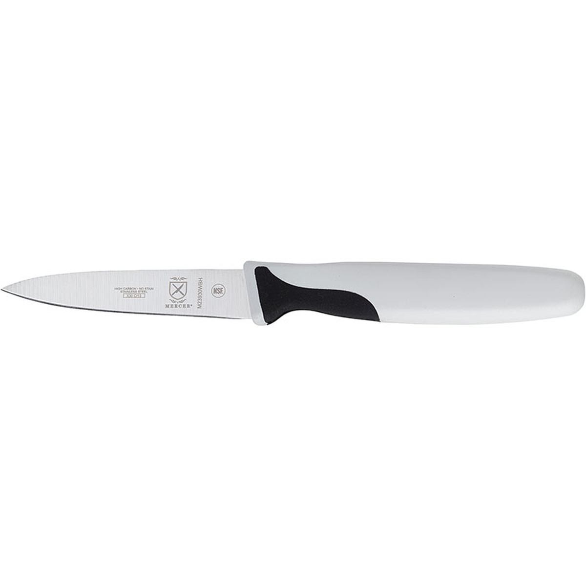 Mercer Culinary Millennia 3-inch slim paring knife with white ergonomic handle and high-carbon stainless steel blade
