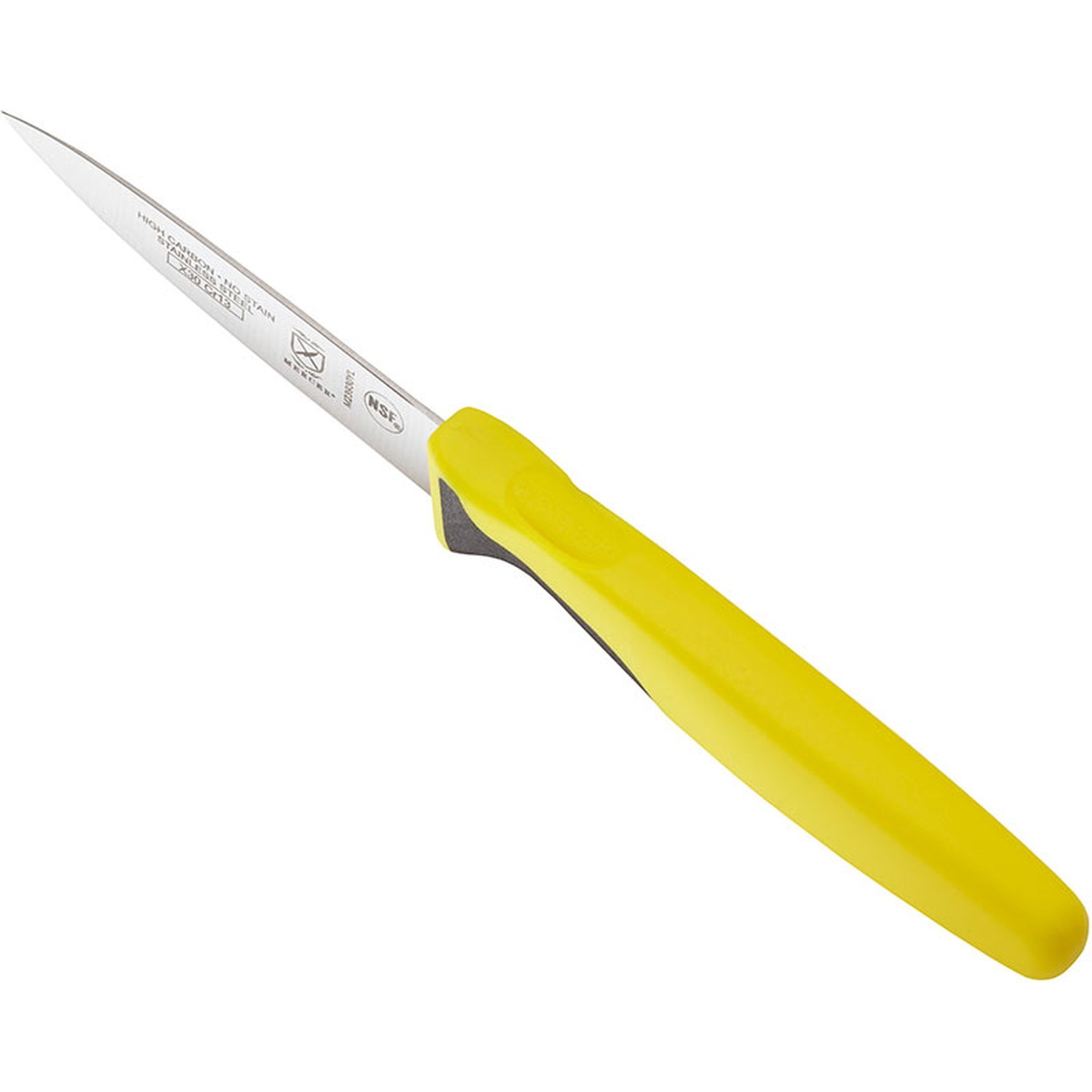 Mercer Culinary Millennia 3-inch slim paring knife angled view showing yellow ergonomic handle with black finger guard and slim blade