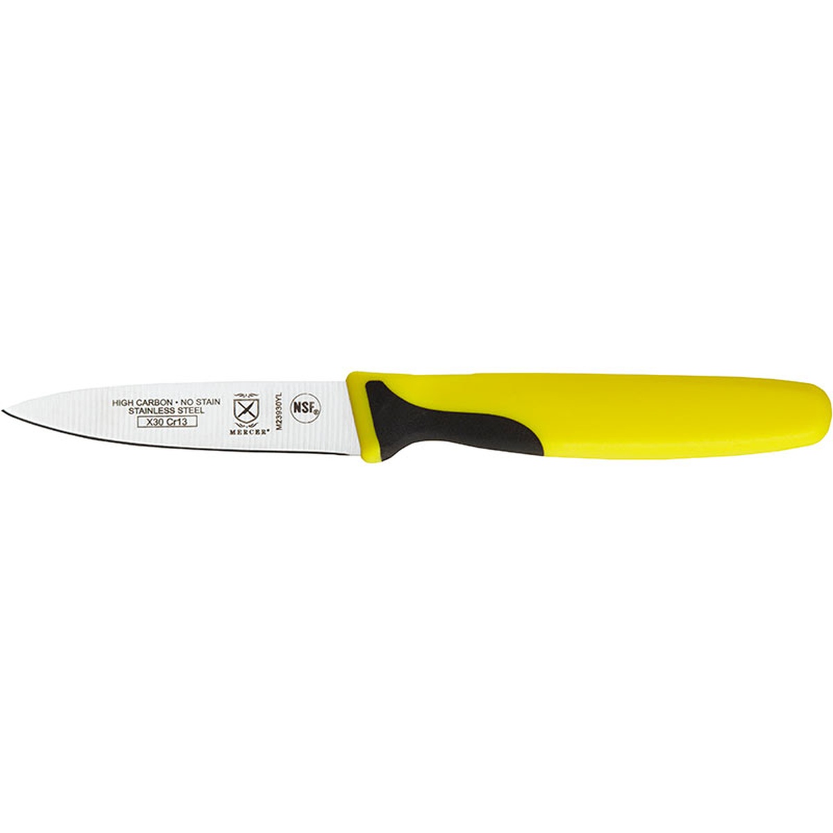 Mercer Culinary Millennia 3-inch slim paring knife with yellow polypropylene handle and high-carbon stainless steel blade, side profile view