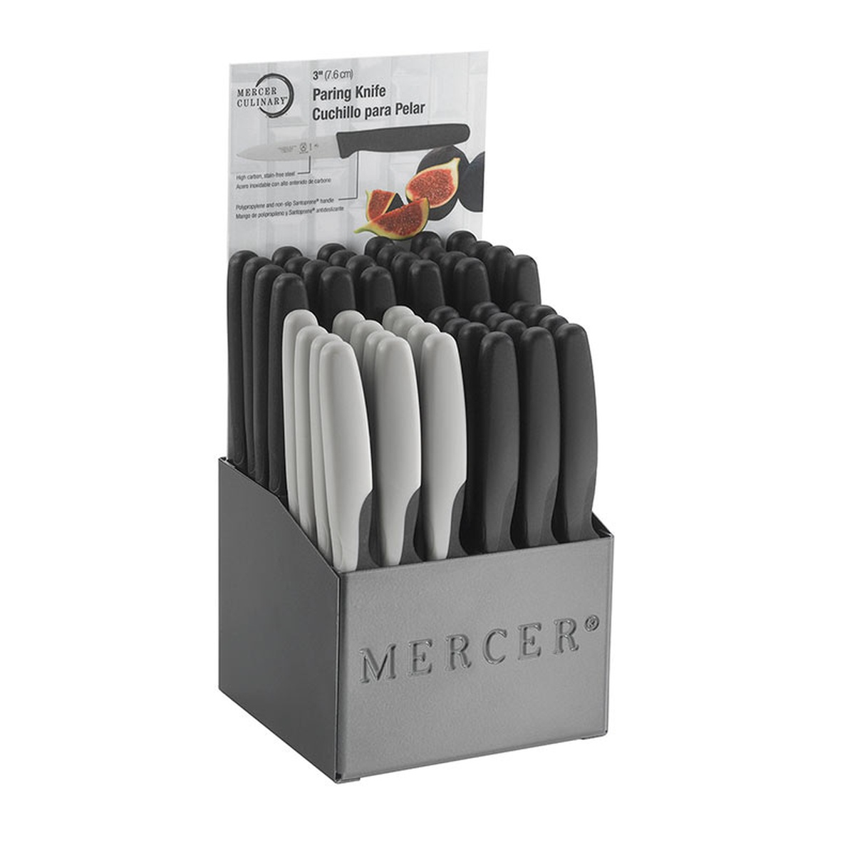 Mercer Culinary Millennia paring knife countertop display with black and gray handled knives in an epoxy-coated steel holder