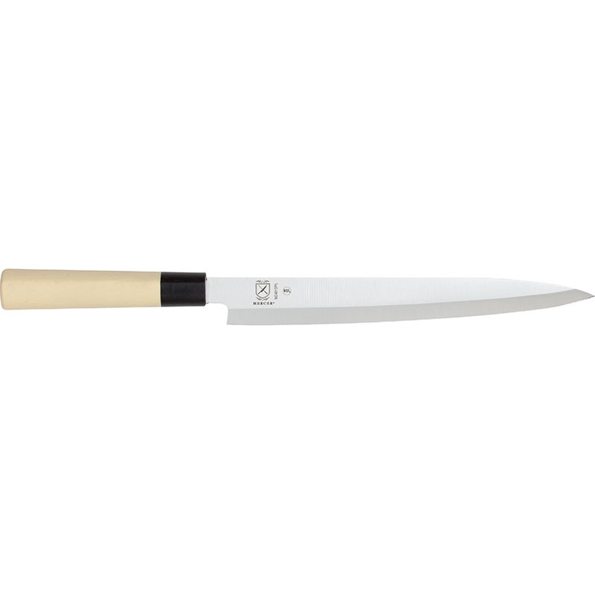 Mercer Culinary 10 inch pointed sashimi knife with beige Santoprene handle
