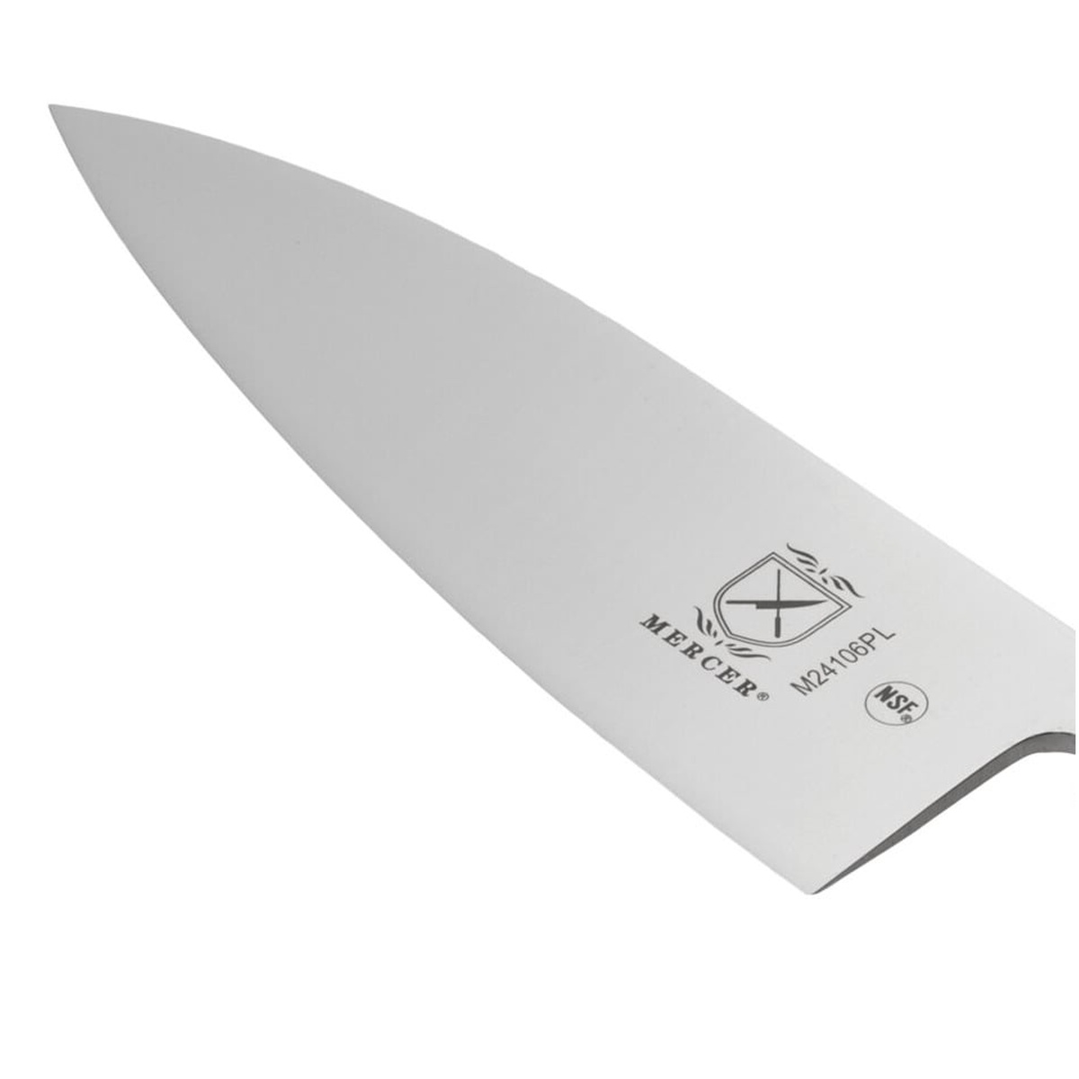 Close-up detail of the Mercer Culinary M24106PL stainless steel Deba blade with NSF mark etched near the bolster