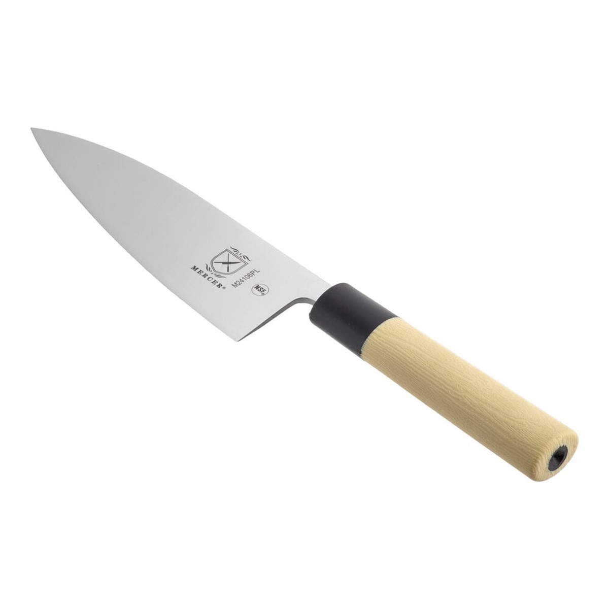 Mercer Culinary M24106PL 6-inch Deba utility knife with stainless steel blade and wood-look Santoprene handle on white background