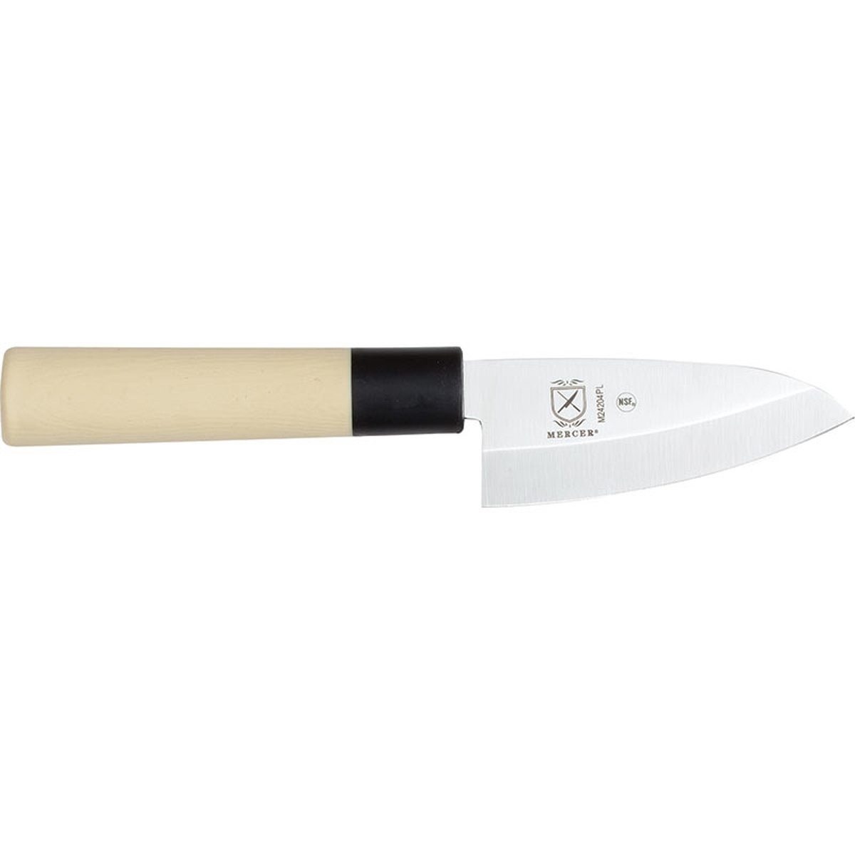 Mercer Culinary M24204PL 4-inch Deba utility knife with wood-look Santoprene handle and single-edge stainless blade