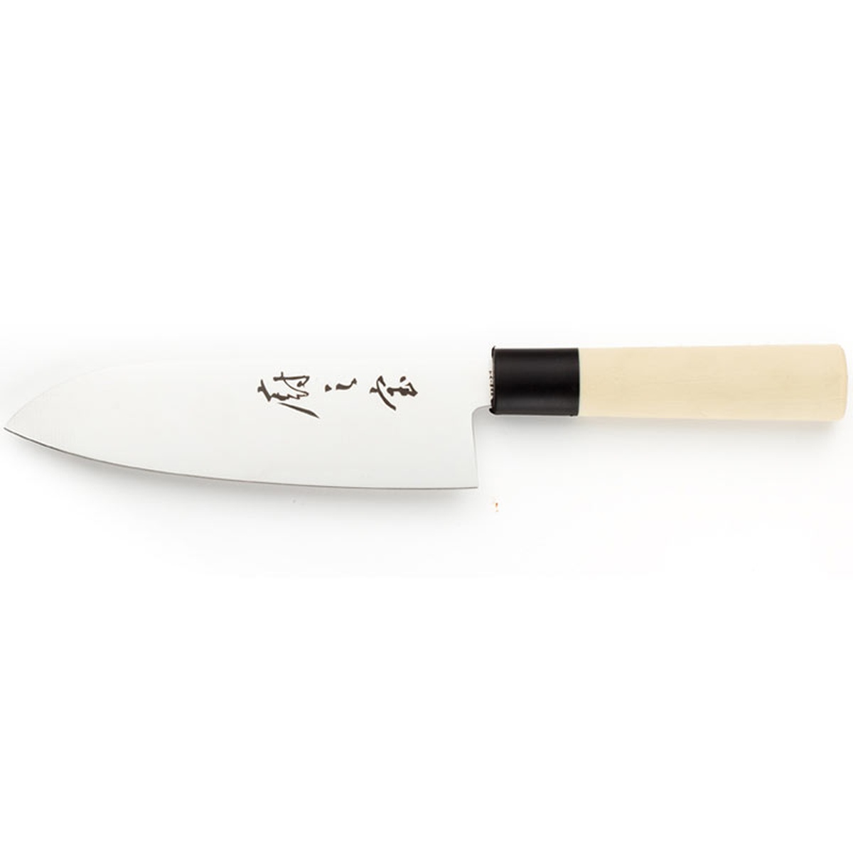 Reverse side of the Mercer Santoku knife featuring traditional Japanese characters