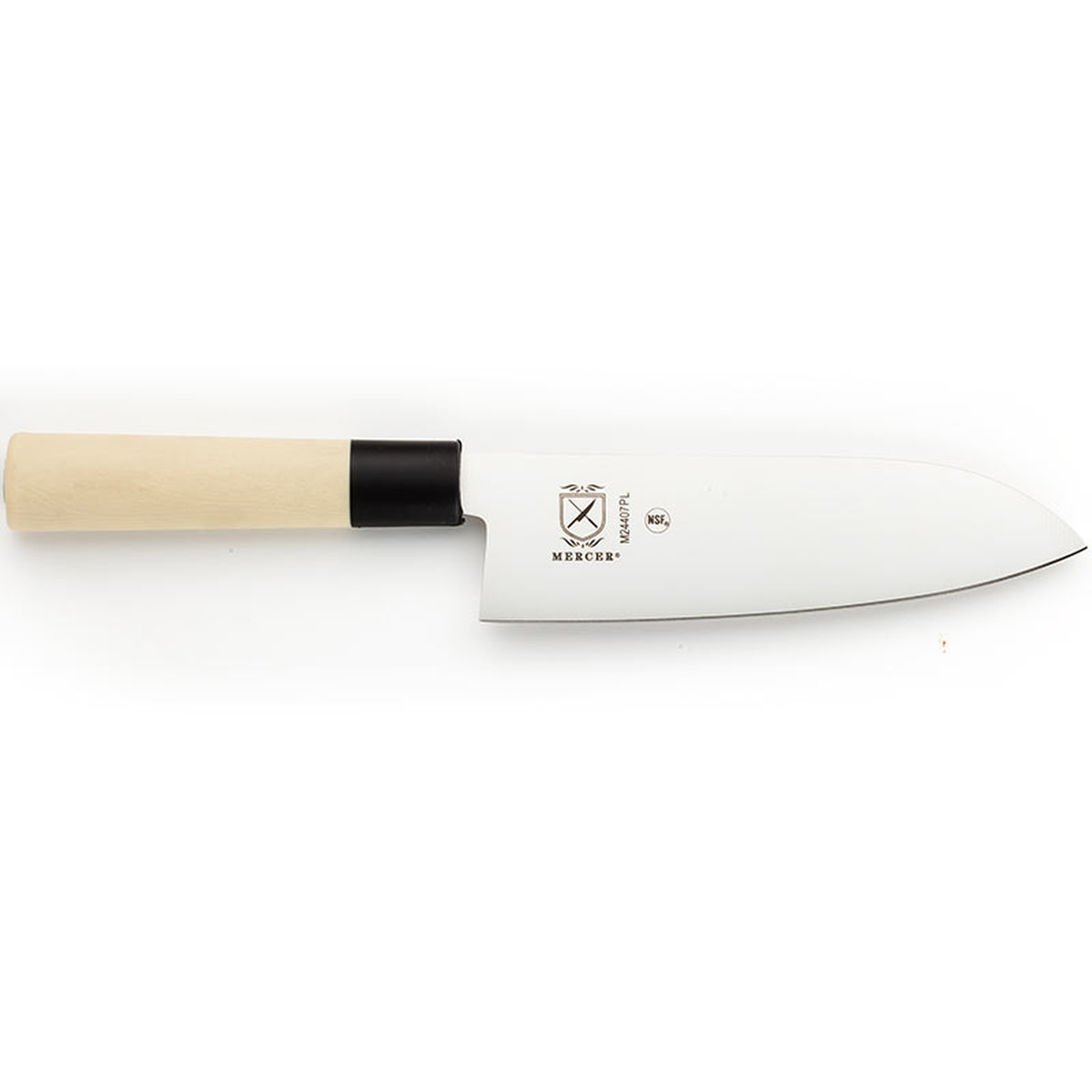 Mercer Culinary Santoku knife showing the blade with NSF and Mercer branding