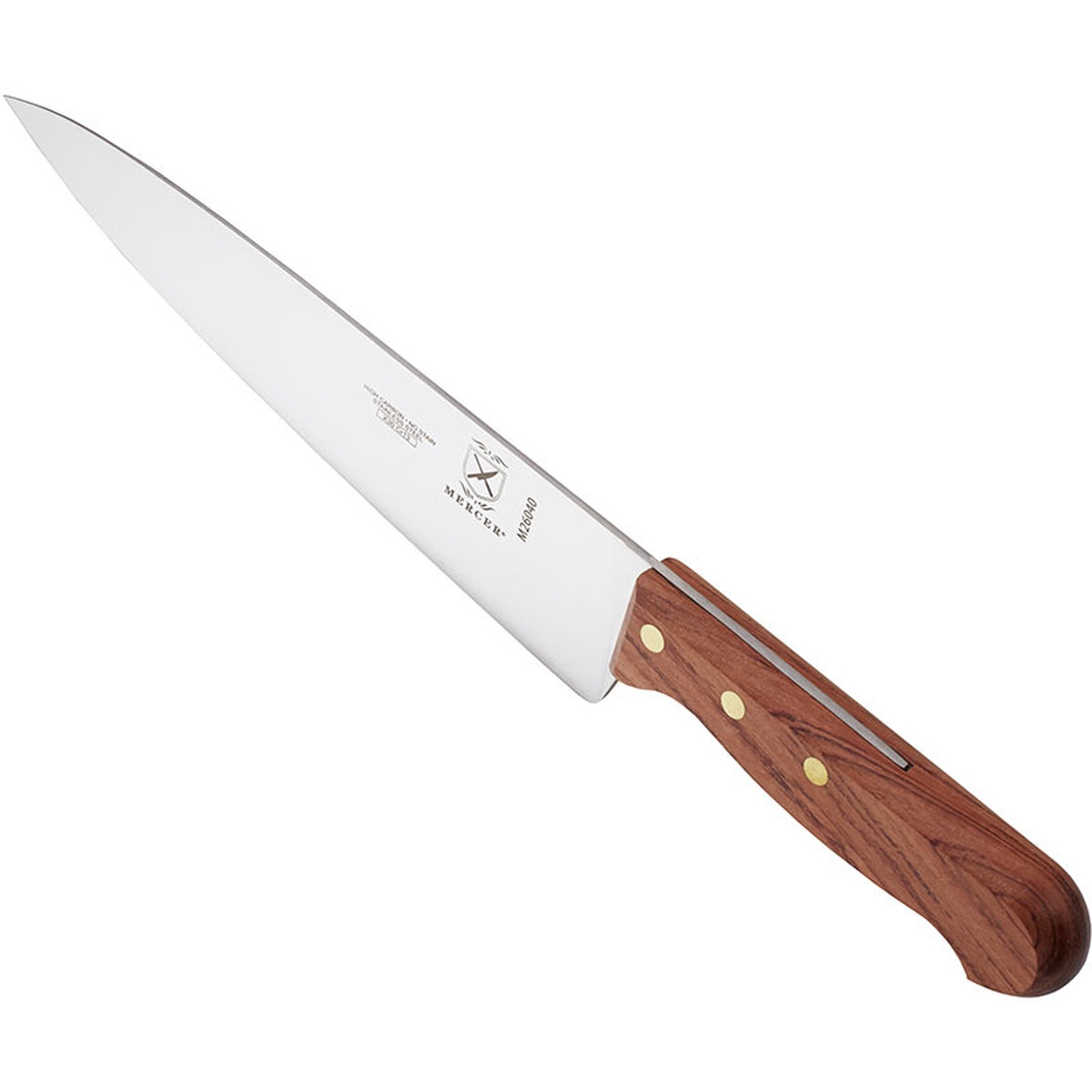 Mercer Culinary Praxis 8-inch chef's knife with rosewood handle, angled view on white background