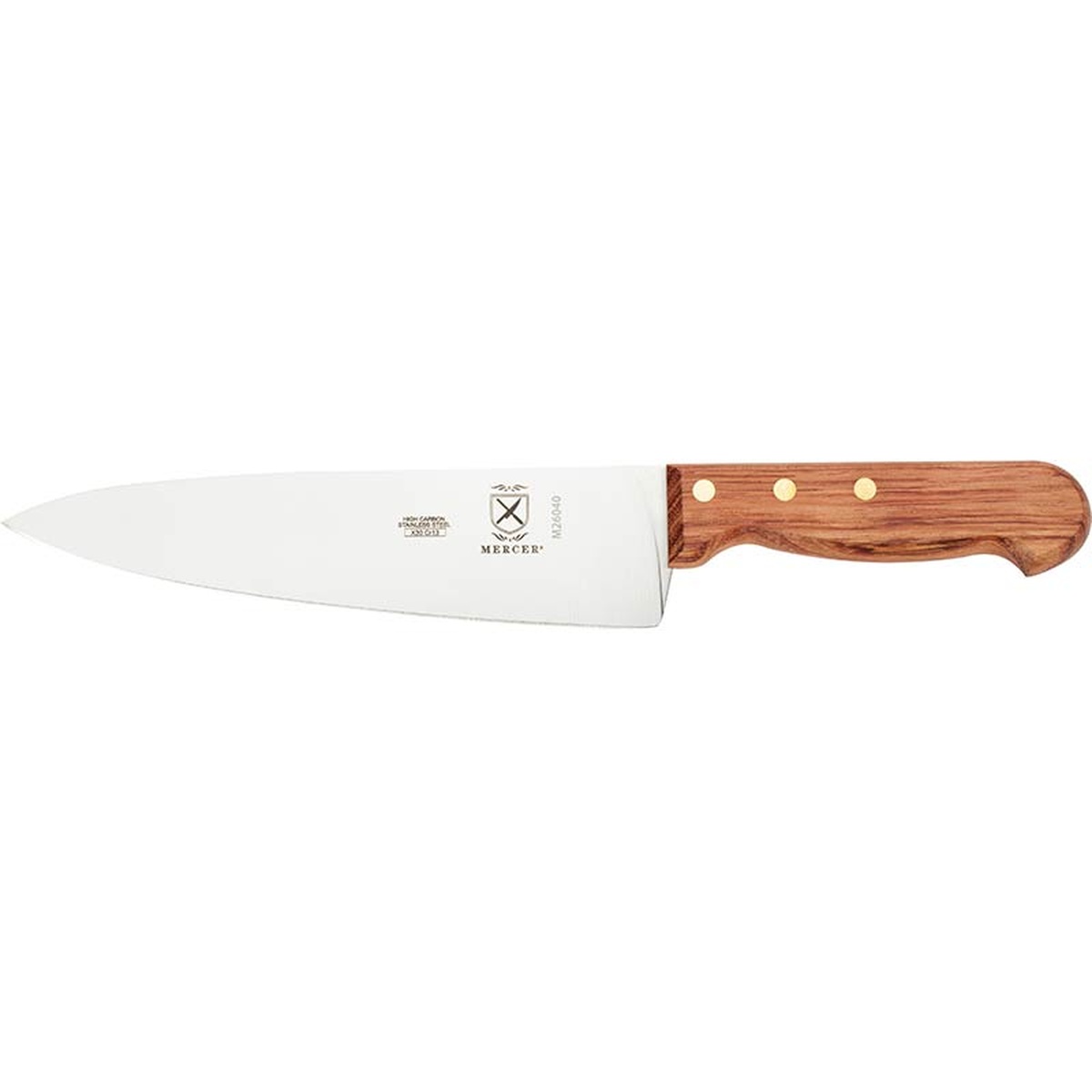Mercer Culinary Praxis 8-inch chef's knife with rosewood handle, side profile view on white background