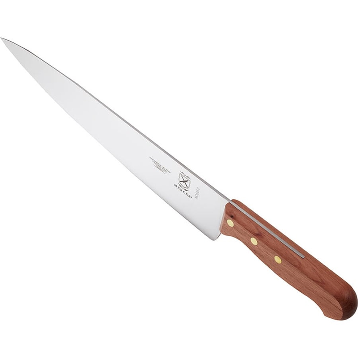 Mercer Culinary M26050 chef's knife angled view highlighting the full-length blade and natural rosewood handle construction