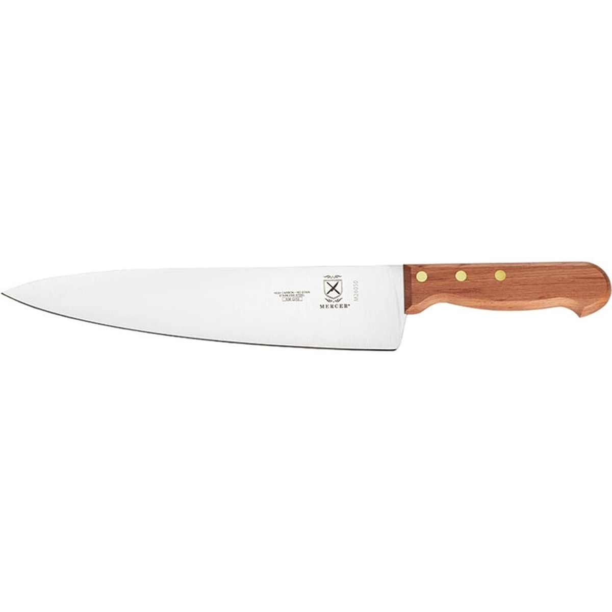 Mercer Culinary Praxis 10-inch chef's knife showing full blade profile and rosewood handle with brass rivets