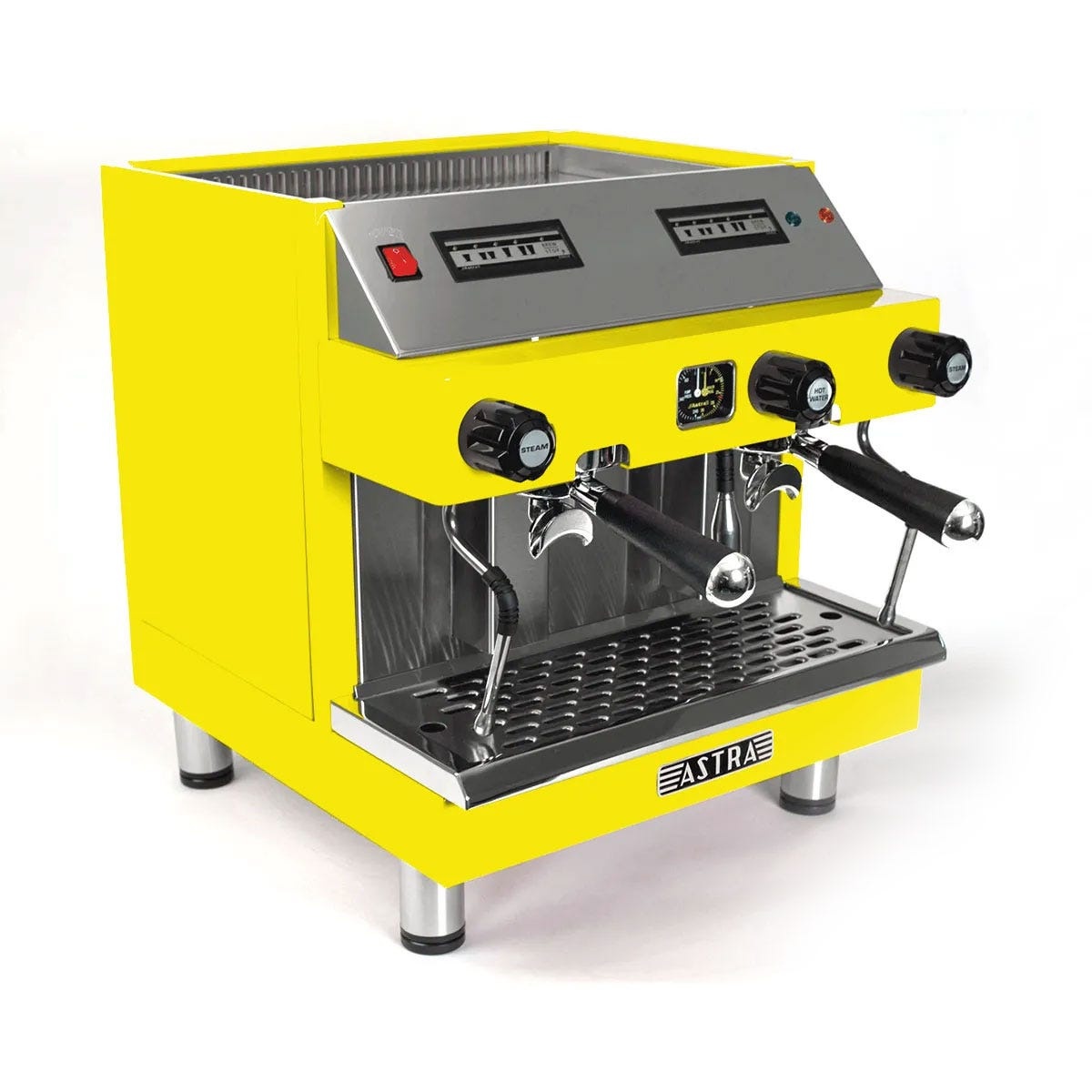Astra M2C-014 MEGA II automatic espresso machine in bold yellow colorway with stainless steel components