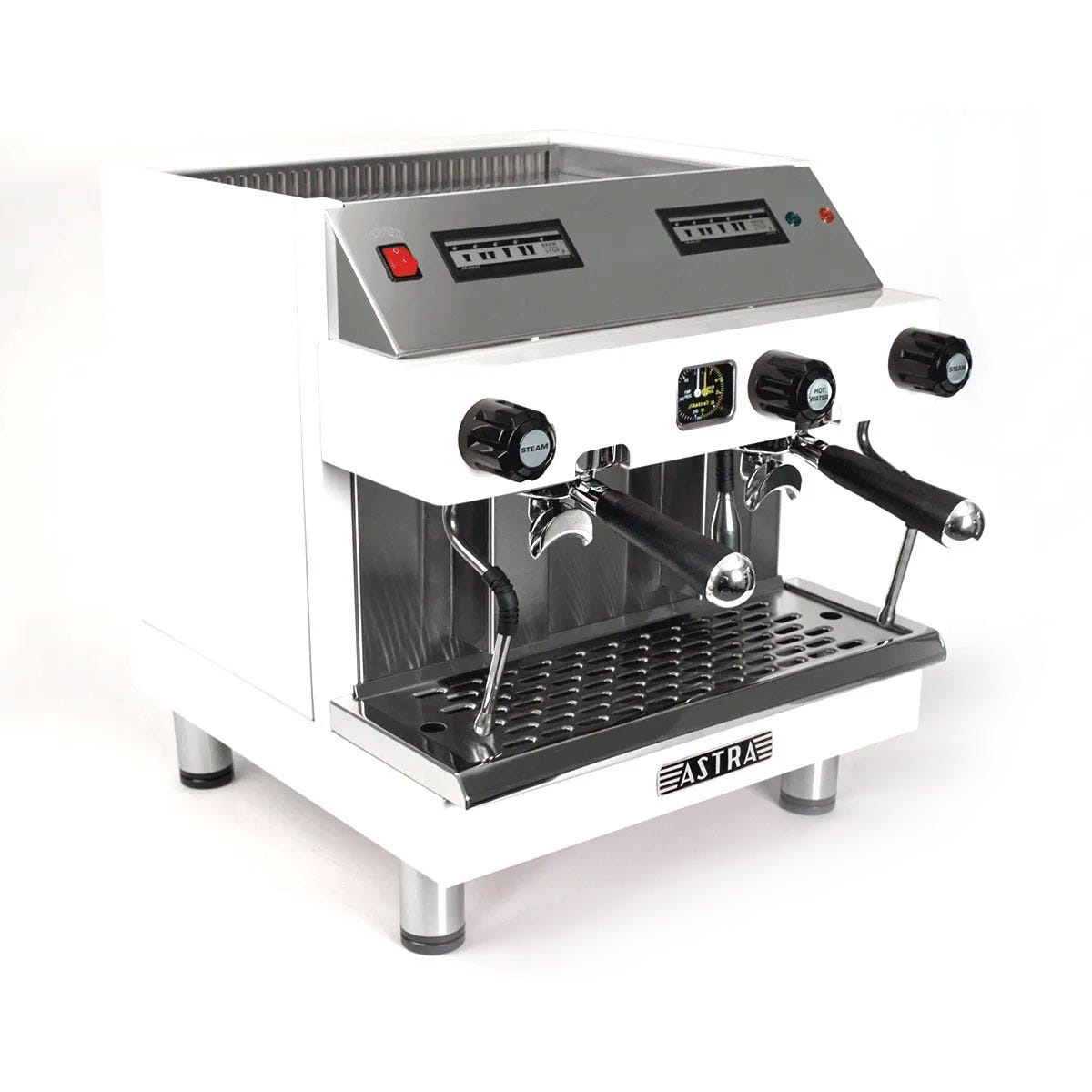 Astra M2C-014 MEGA II automatic espresso machine in gloss white with stainless steel drip tray and dual group heads