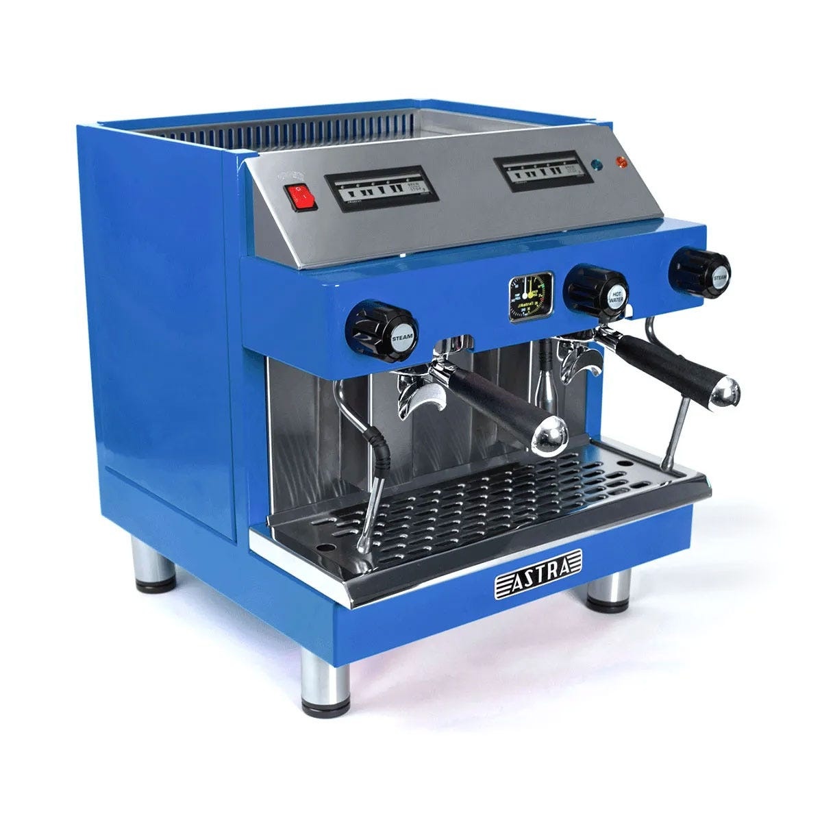 Astra M2C-014 MEGA II automatic espresso machine in glossy blue colorway with dual portafilters and steam wands