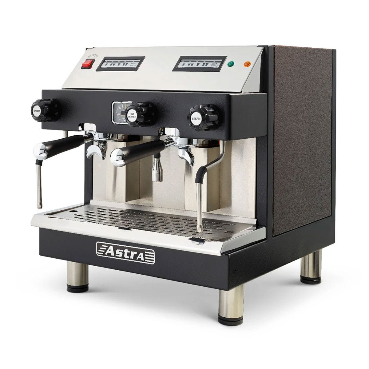 Astra M2C-014 MEGA II automatic espresso machine in textured black with stainless steel front panel and dual group heads