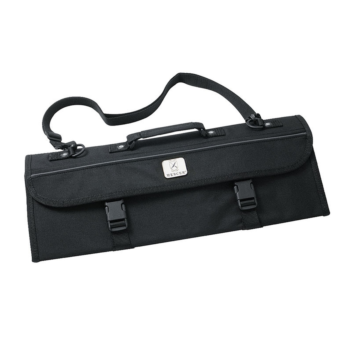 Mercer Culinary M30110M black 10-pocket knife case closed, showing shoulder strap and snap-lock buckles