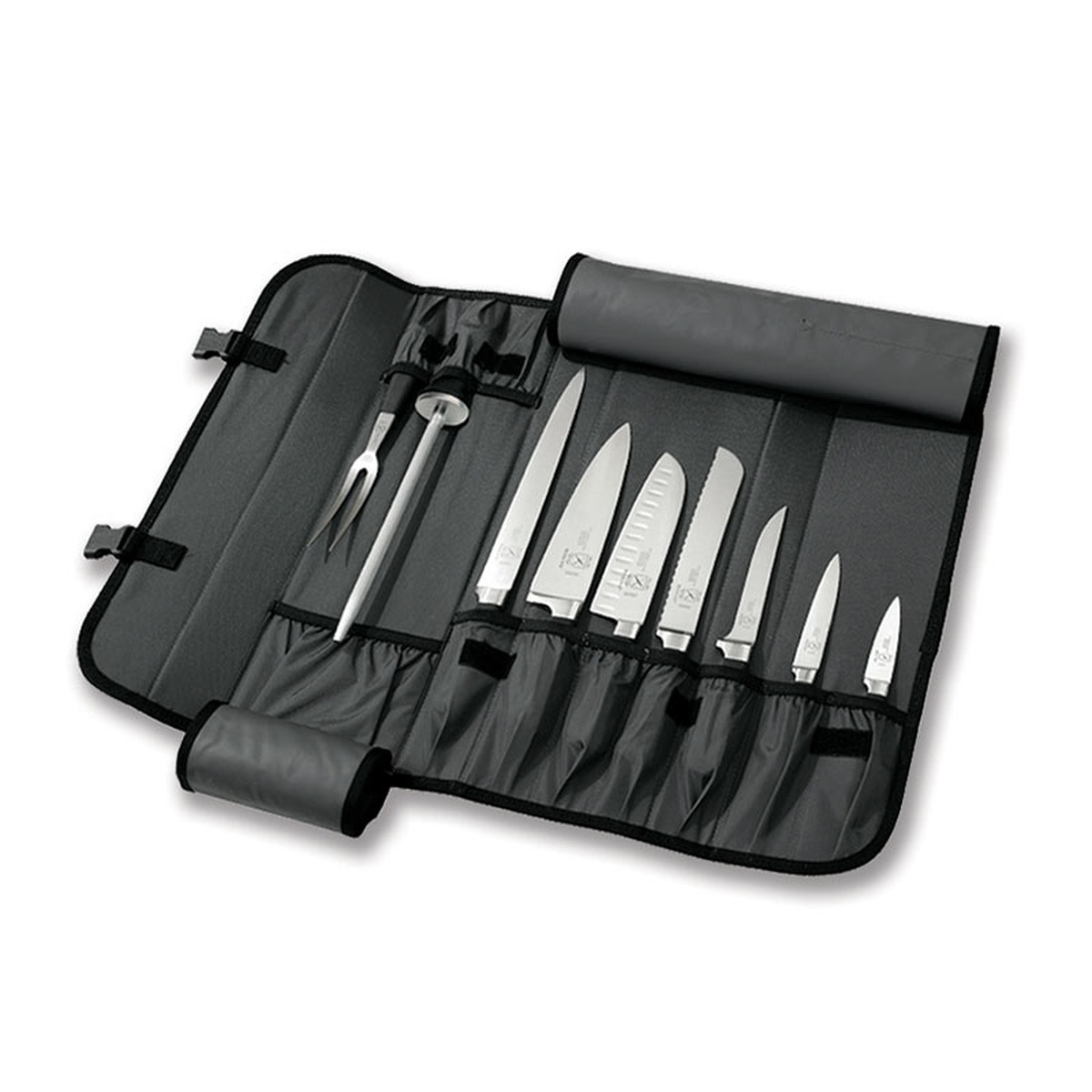 Mercer Culinary M30110M knife case open and laid flat, displaying multiple knife pockets loaded with knives and tools