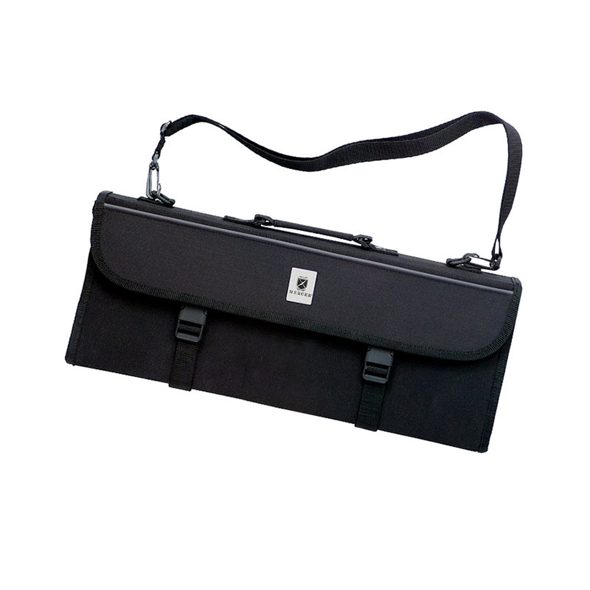 Mercer Culinary M30217M black 17-pocket knife case closed with shoulder strap and snap-lock safety straps
