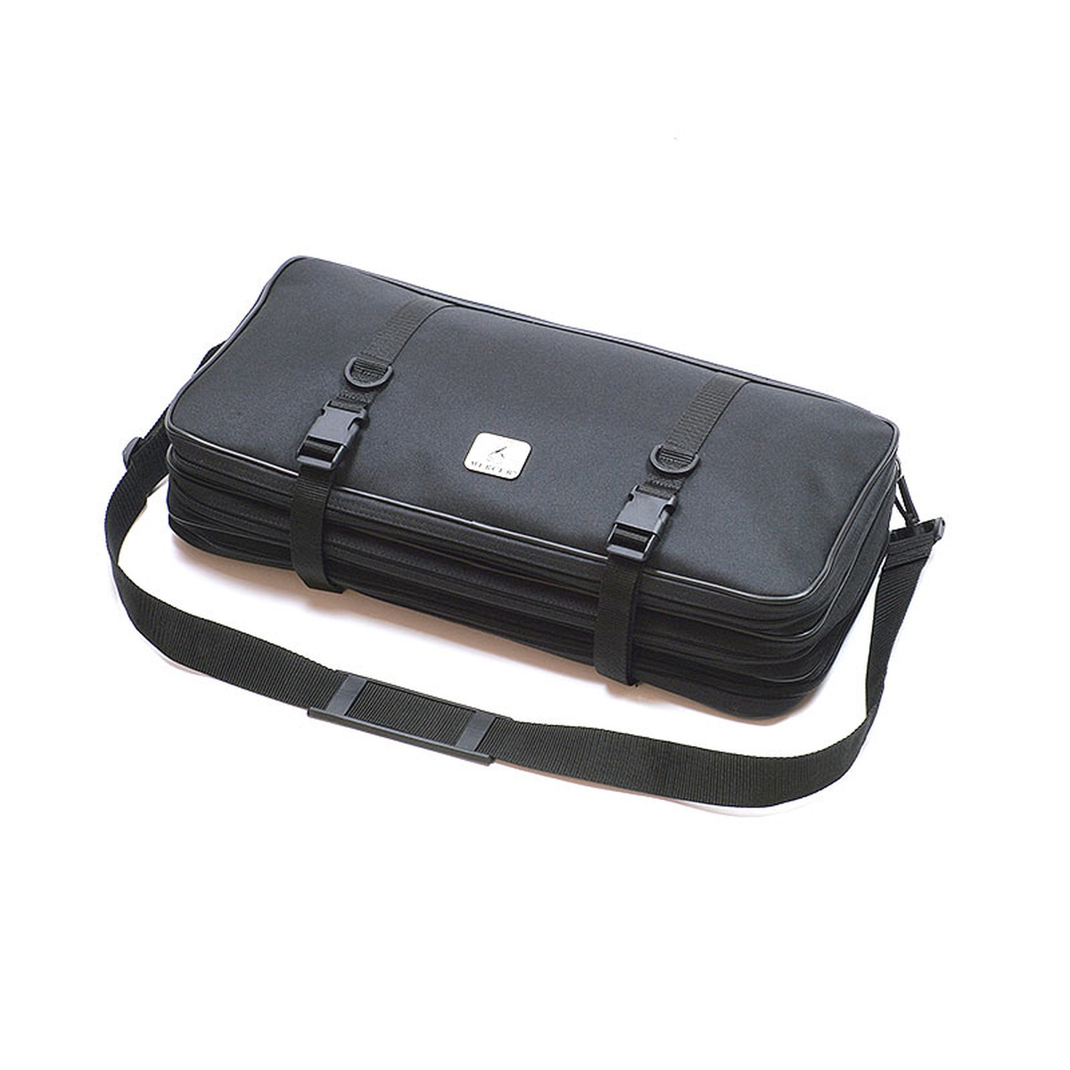 Mercer Culinary M30429M Triple-Zip Knife Case closed, black exterior with shoulder strap and snap-lock buckles