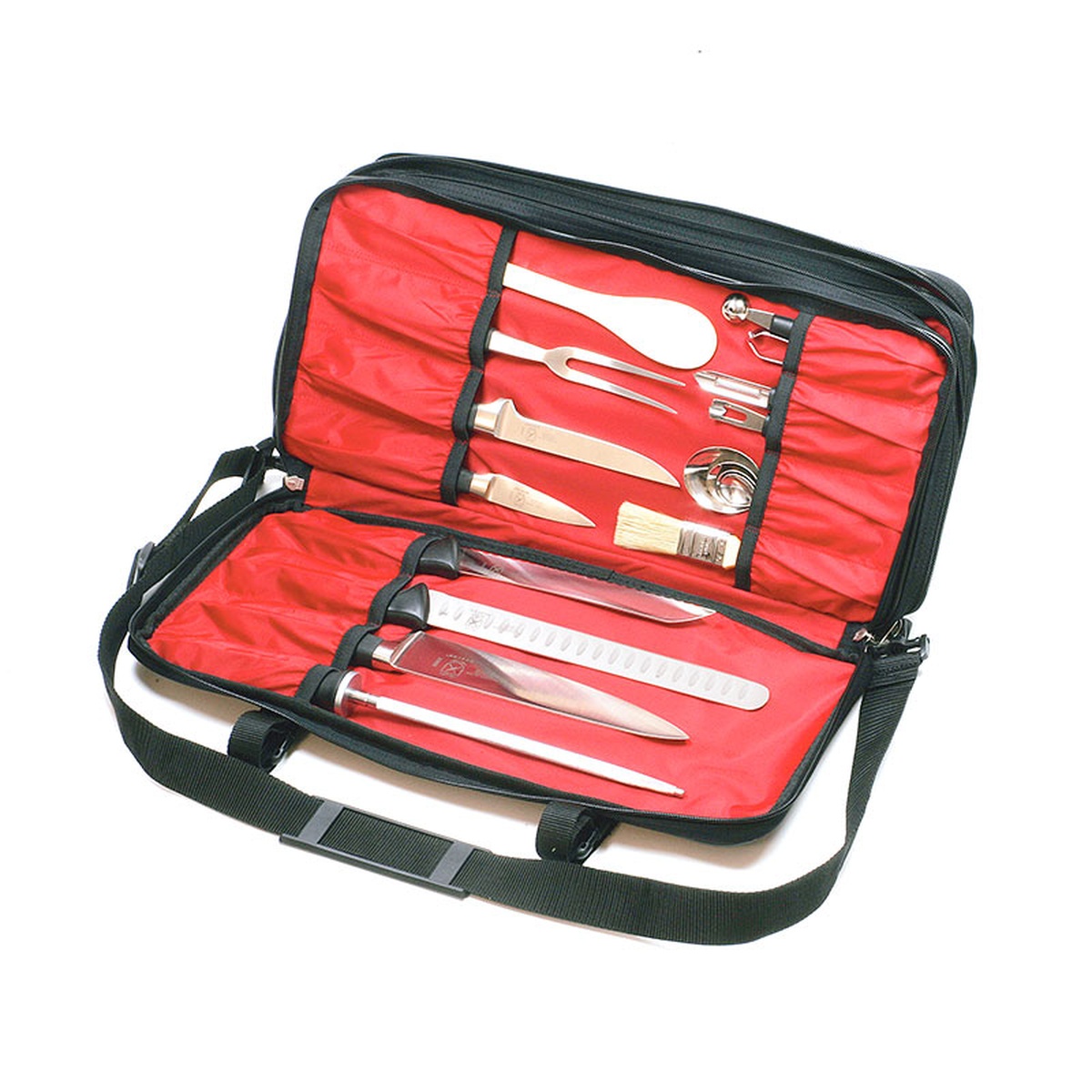 Mercer Culinary M30429M knife case opened flat showing red interior with elastic pockets holding assorted knives and kitchen tools