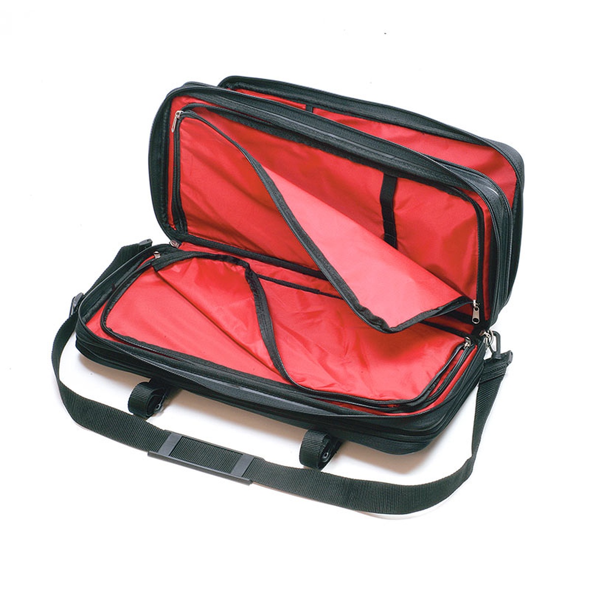 Mercer Culinary M30429M knife case opened showing empty red-lined triple-zip compartment structure and interior organization layout